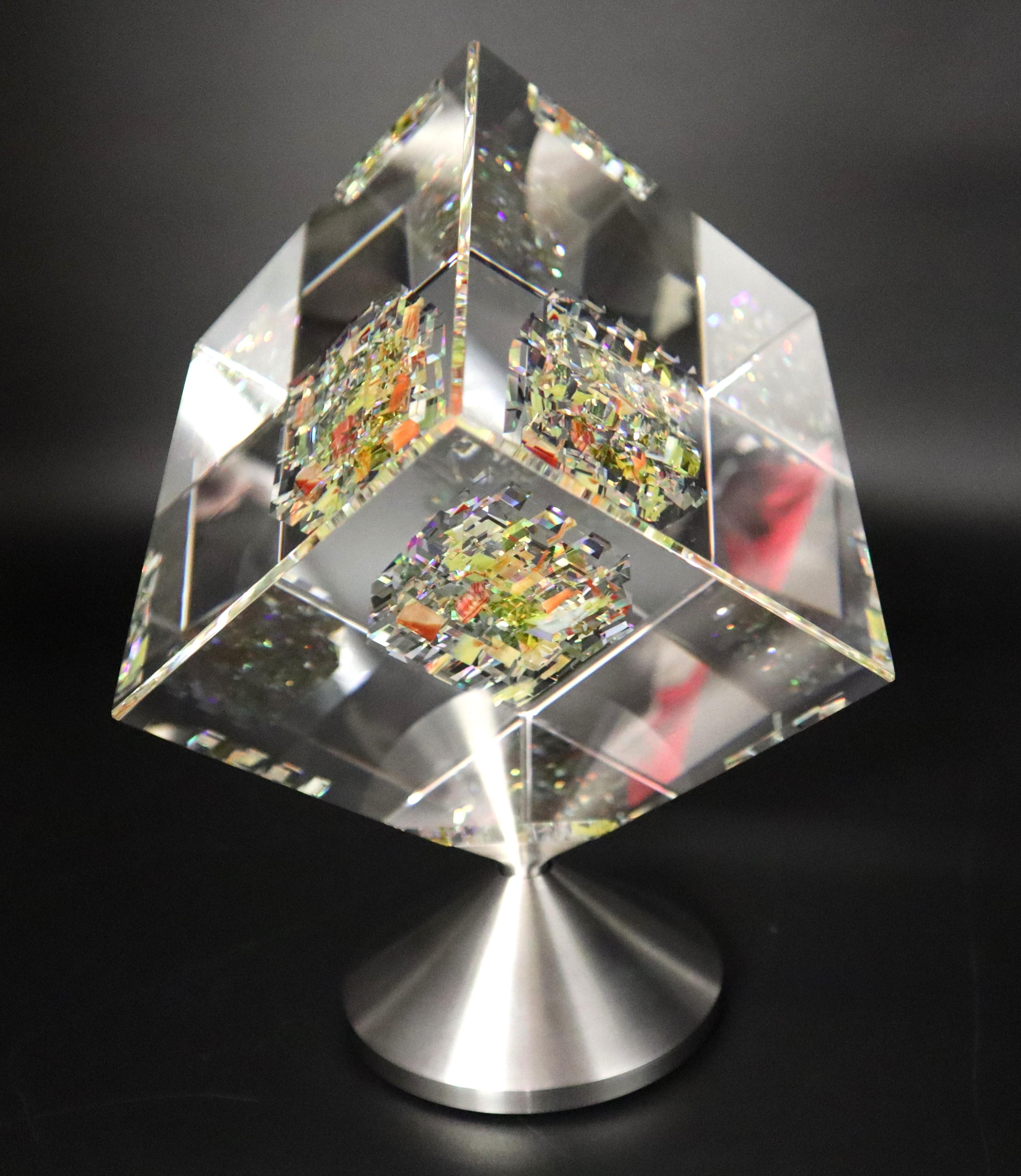 Jon Kuhn (American, b. 1949) 'Golden Sun 2024' 5 layers Glass Art Cube Sculpture