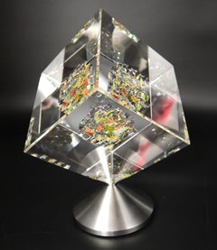 Jon Kuhn (Américain, né en 1949), « Golden Sun 2024 », sculpture cubique d'art en verre à 5 couches
