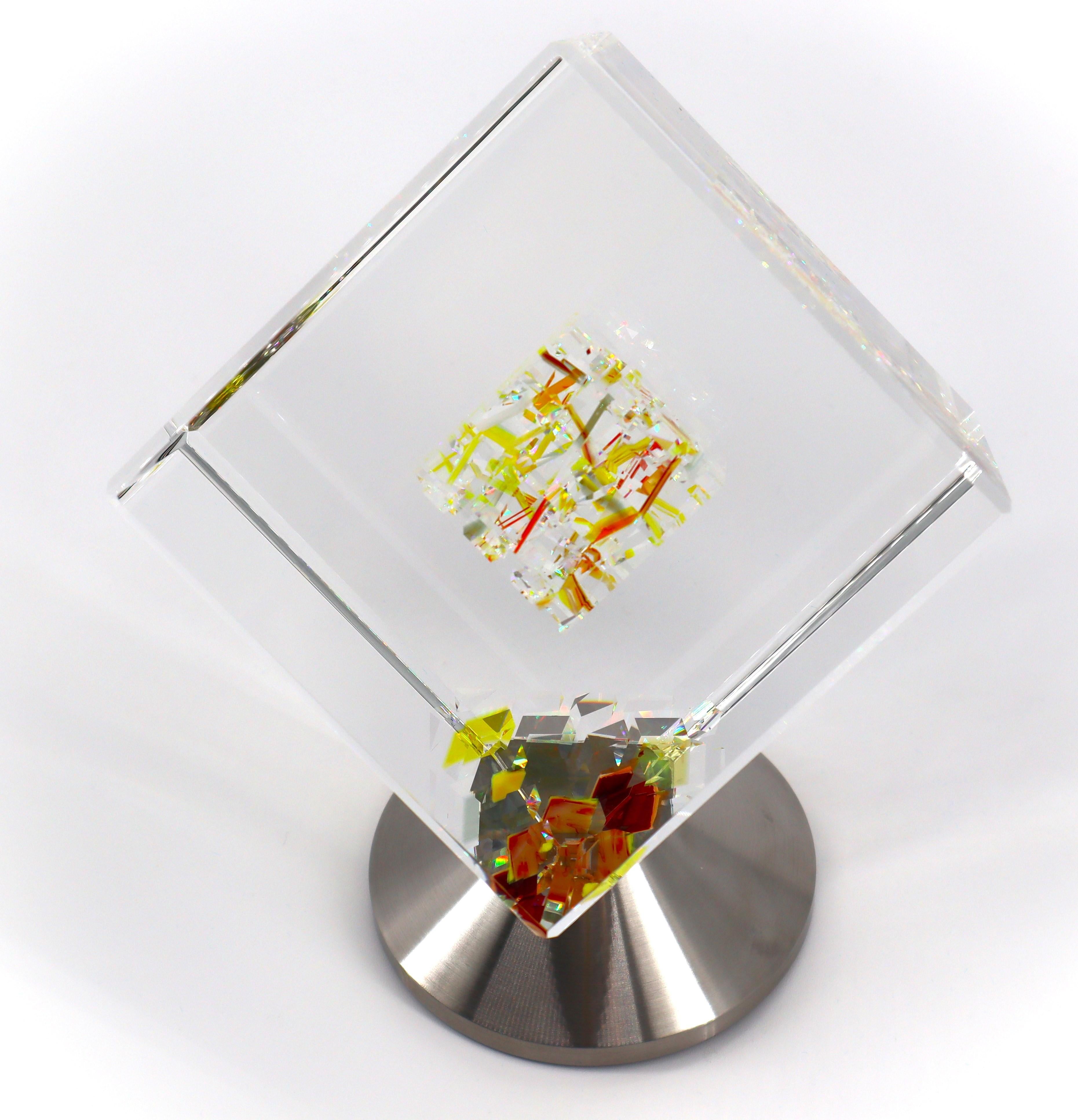Jon Kuhn (American, b. 1949) 'Sunflower 2024' 5 layers Glass Art Cube Sculpture For Sale 12