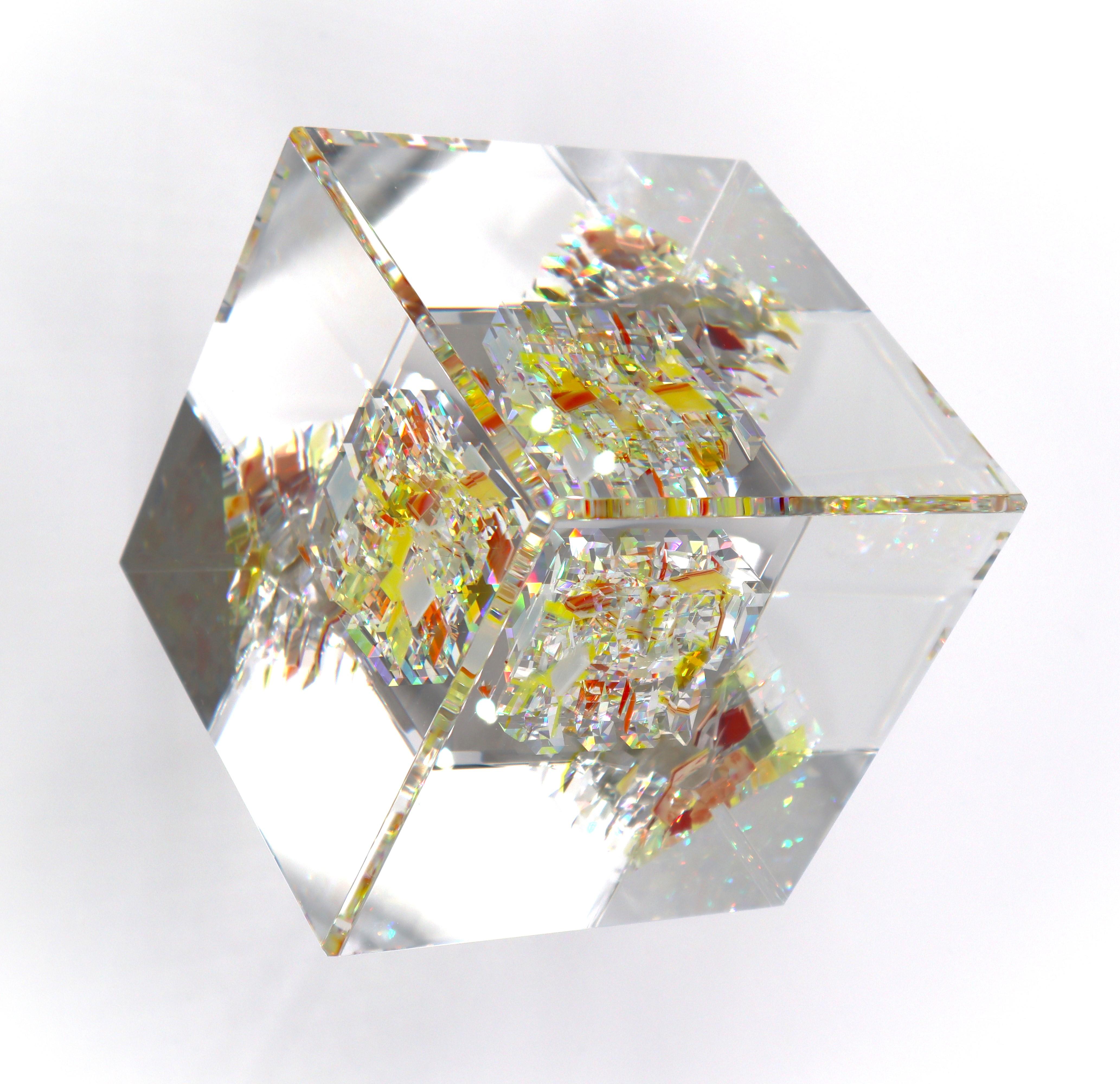 Jon Kuhn (American, b. 1949) 'Sunflower 2024' 5 layers Glass Art Cube Sculpture For Sale 1
