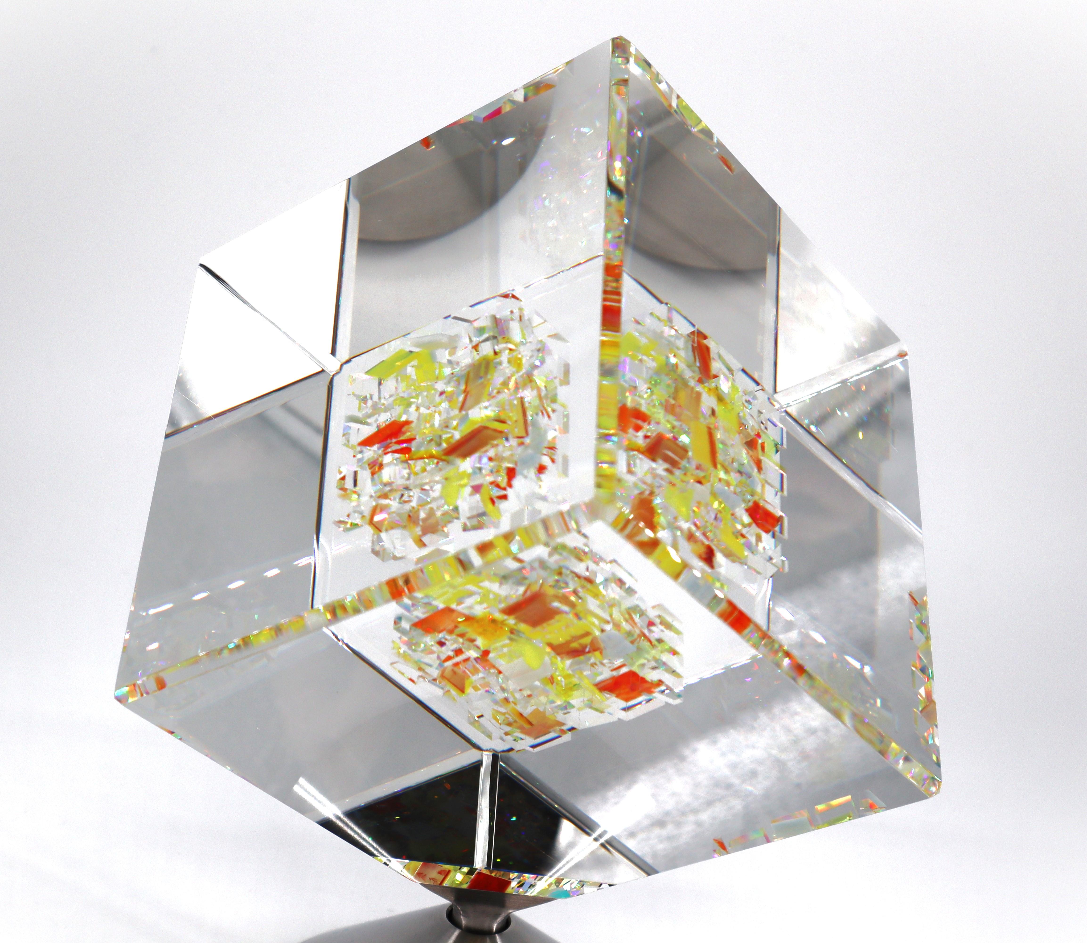Jon Kuhn (American, b. 1949) 'Sunflower 2024' 5 layers Glass Art Cube Sculpture For Sale 3
