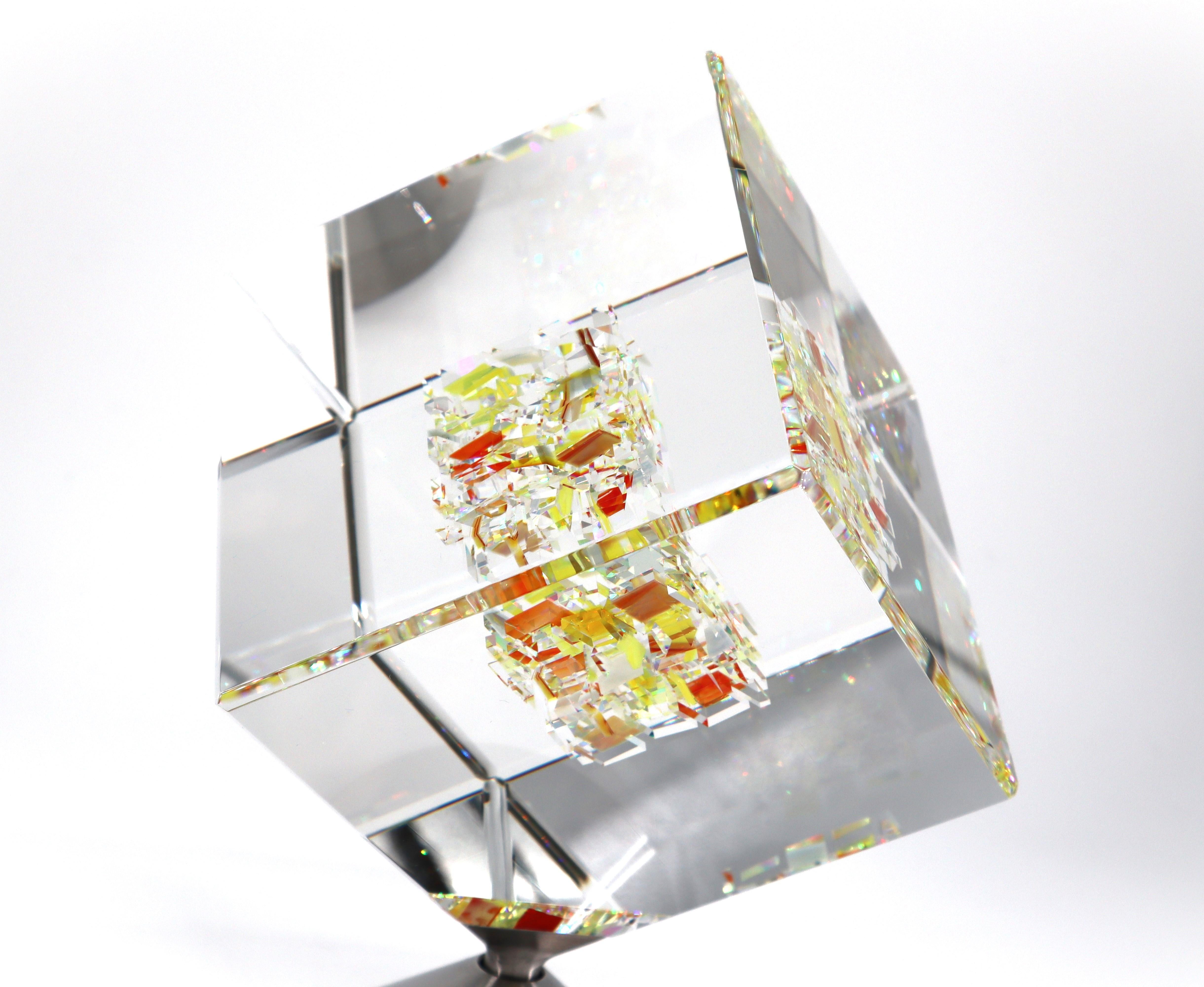 Jon Kuhn (American, b. 1949) 'Sunflower 2024' 5 layers Glass Art Cube Sculpture For Sale 4