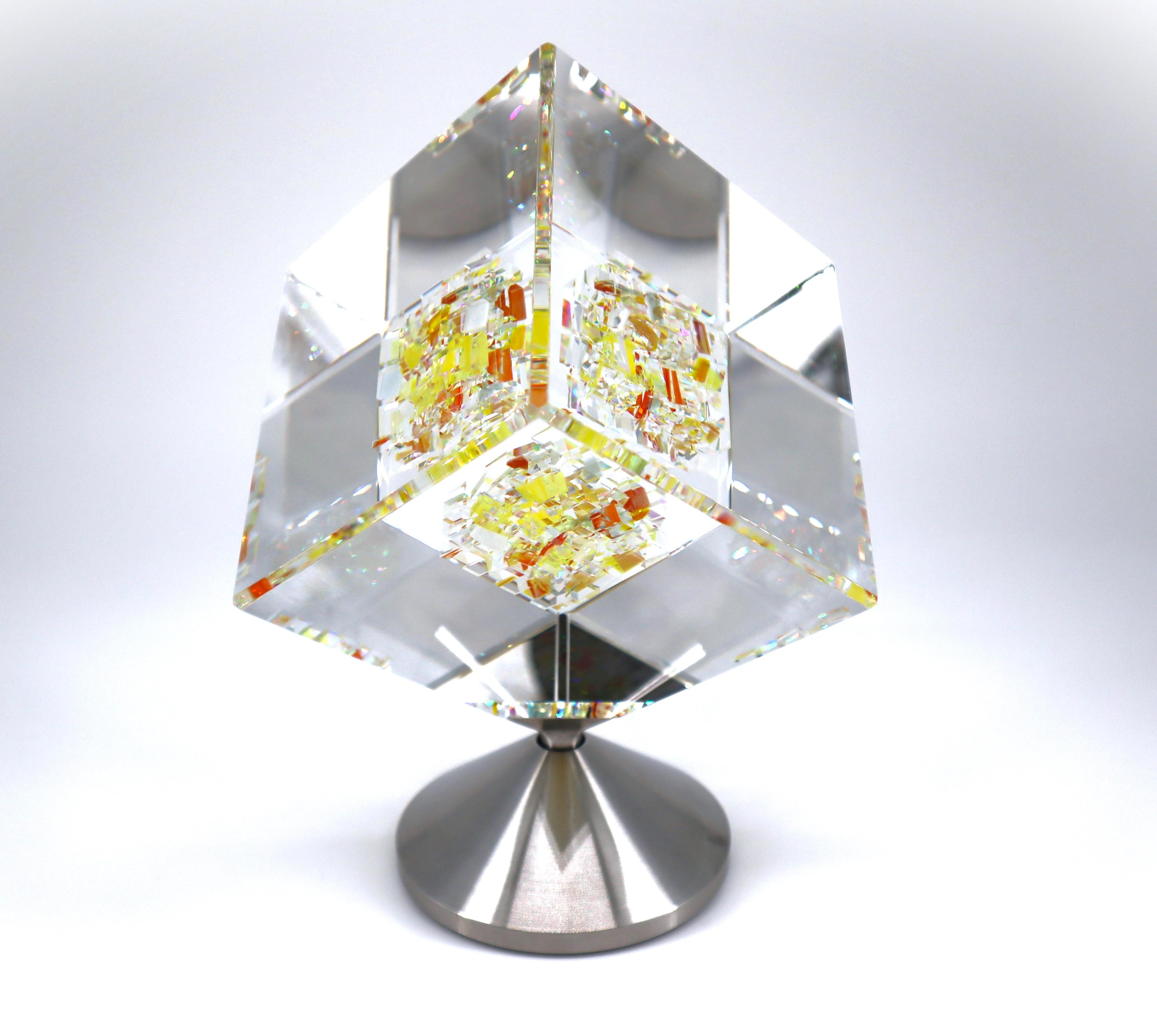 Jon Kuhn (American, b. 1949) 'Sunflower 2024' 5 layers Glass Art Cube Sculpture For Sale 7