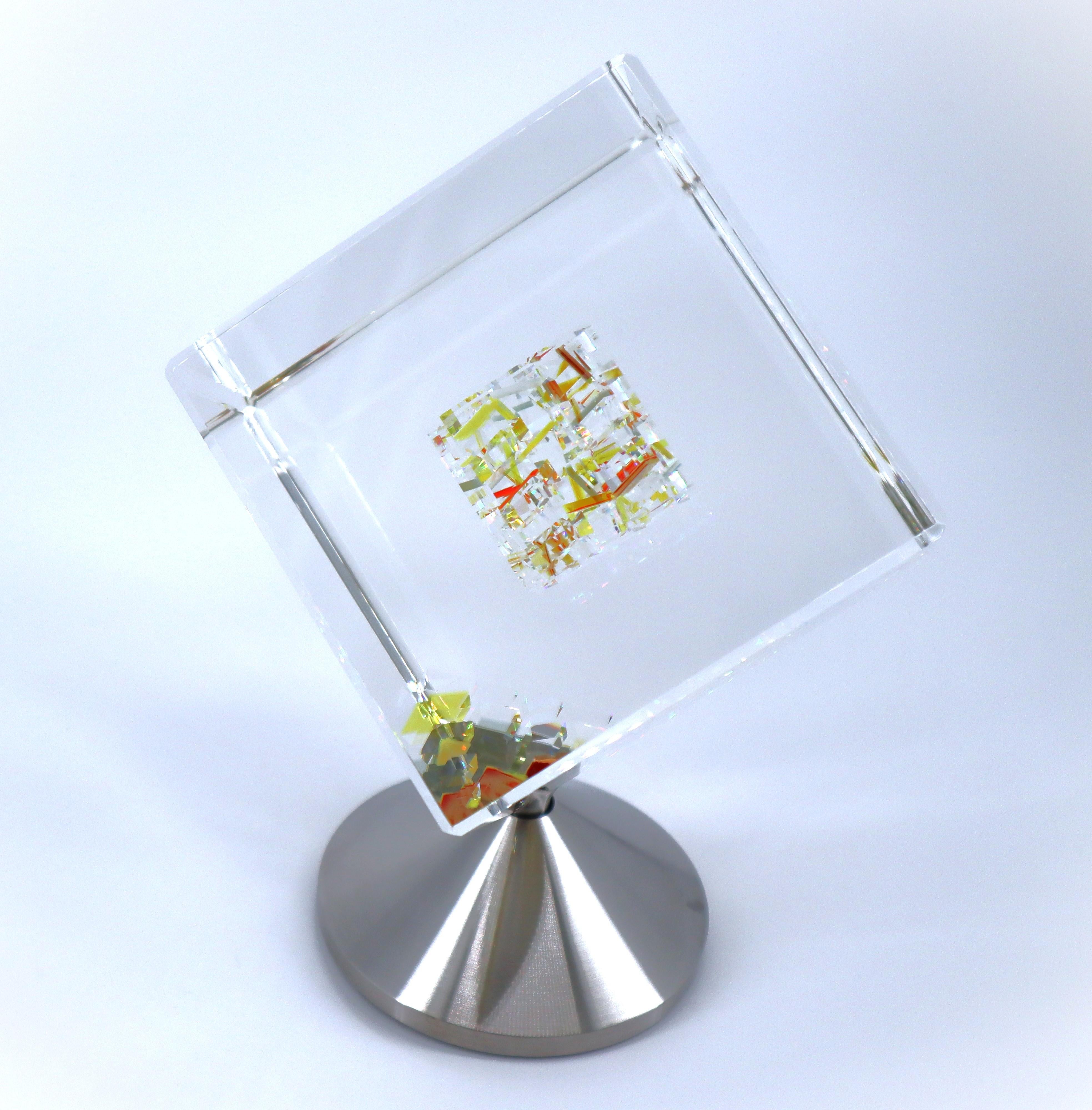 Jon Kuhn ( Amerikaner, geb. 1949) „Sunflower 2024“ 5 Schichten Glaskunst Würfel-Skulptur im Angebot 8