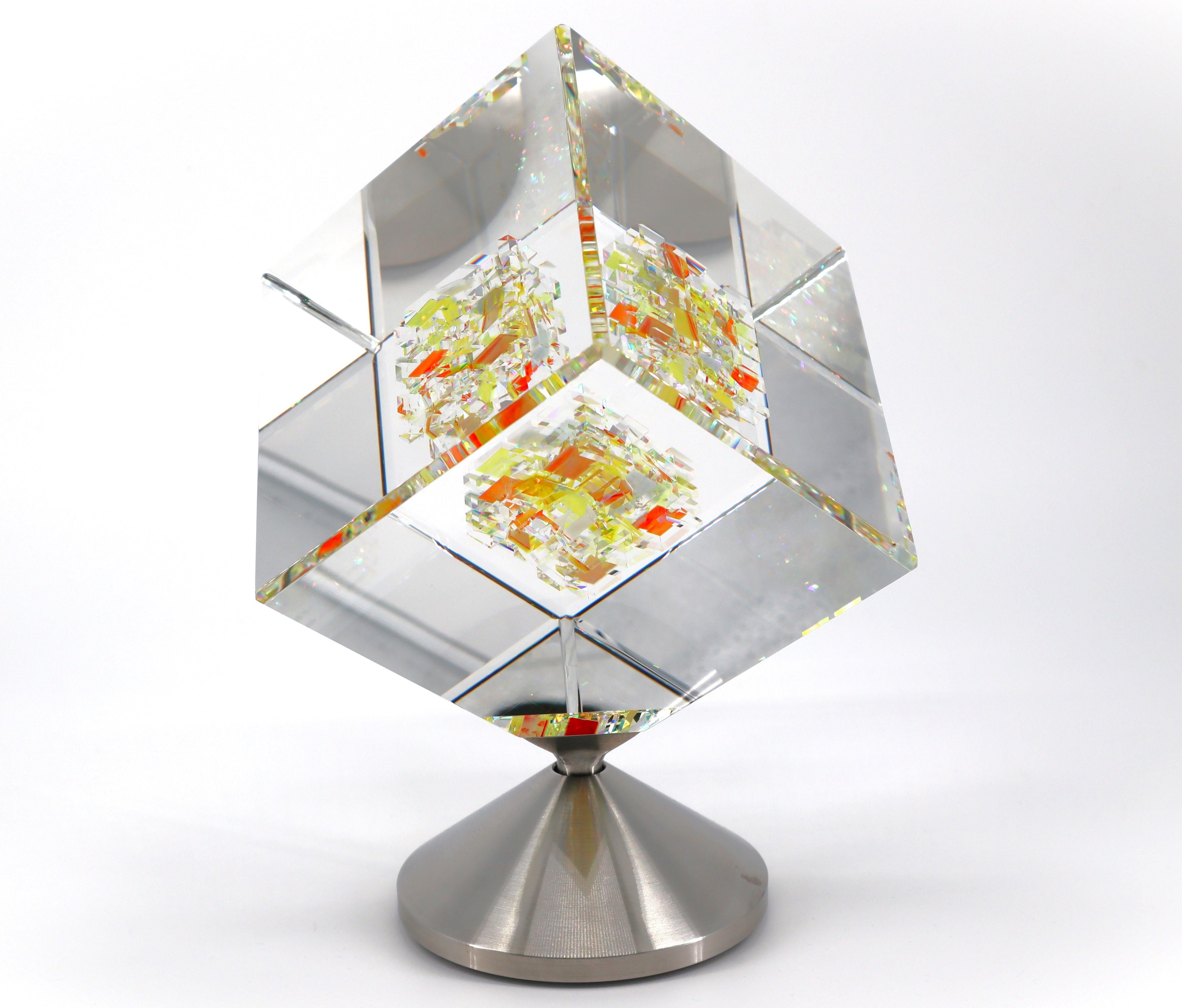 ‘Sunflower’, by Jon Kuhn, made in Kernersville, North Carolina
Medium: 5 layers Glass Art Cube Sculpture on rotating stainless steel base.
Dimensions - H: 6.5" x 6.5 x 9.5 H Inches
Condition - Mint
Titled "Sunflower" Signed "Jon Kuhn - Golden Sun,