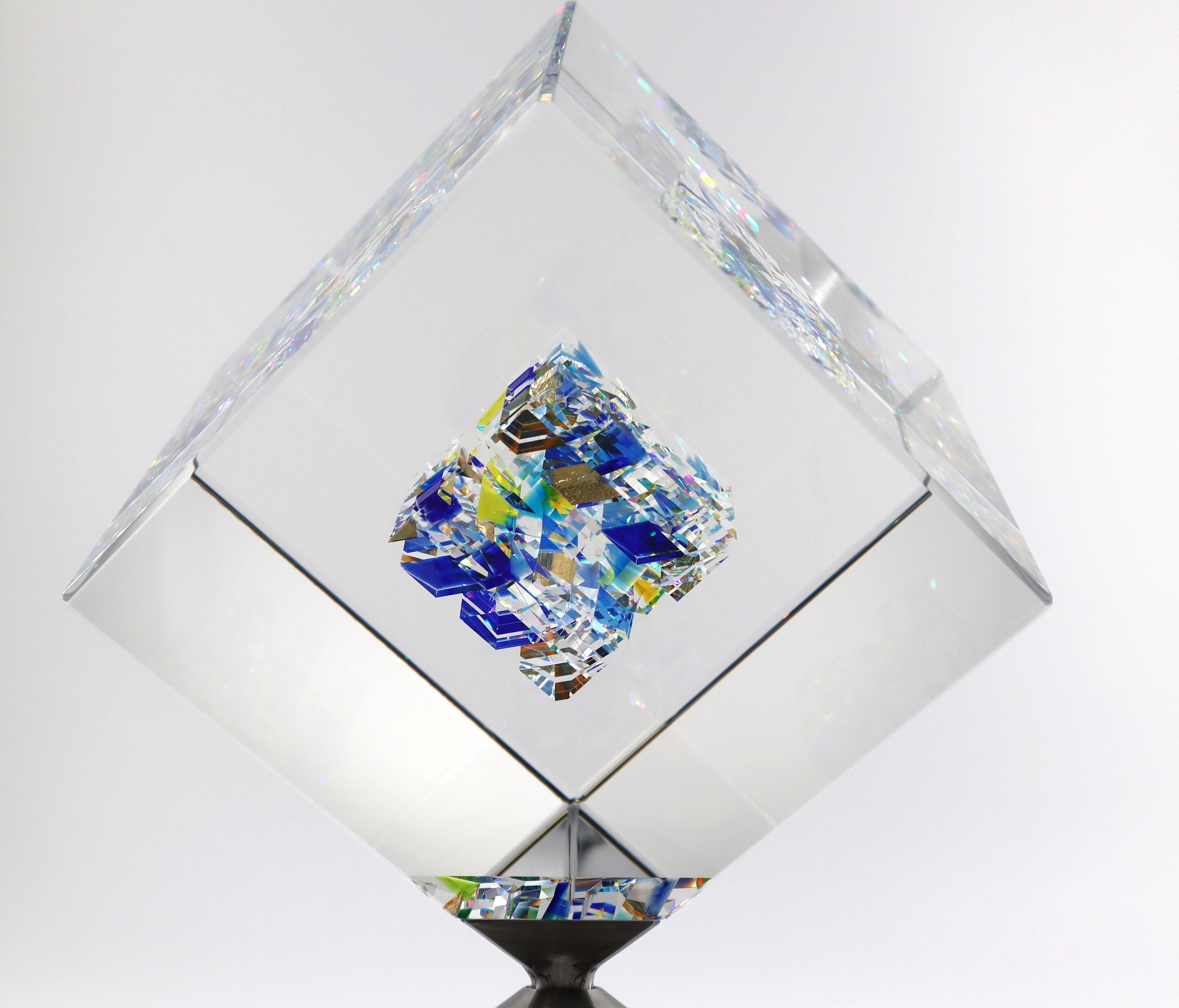 Jon Kuhn ''Winter Moon - 2024' 6 Layers Glass Art Cube Sculpture 1