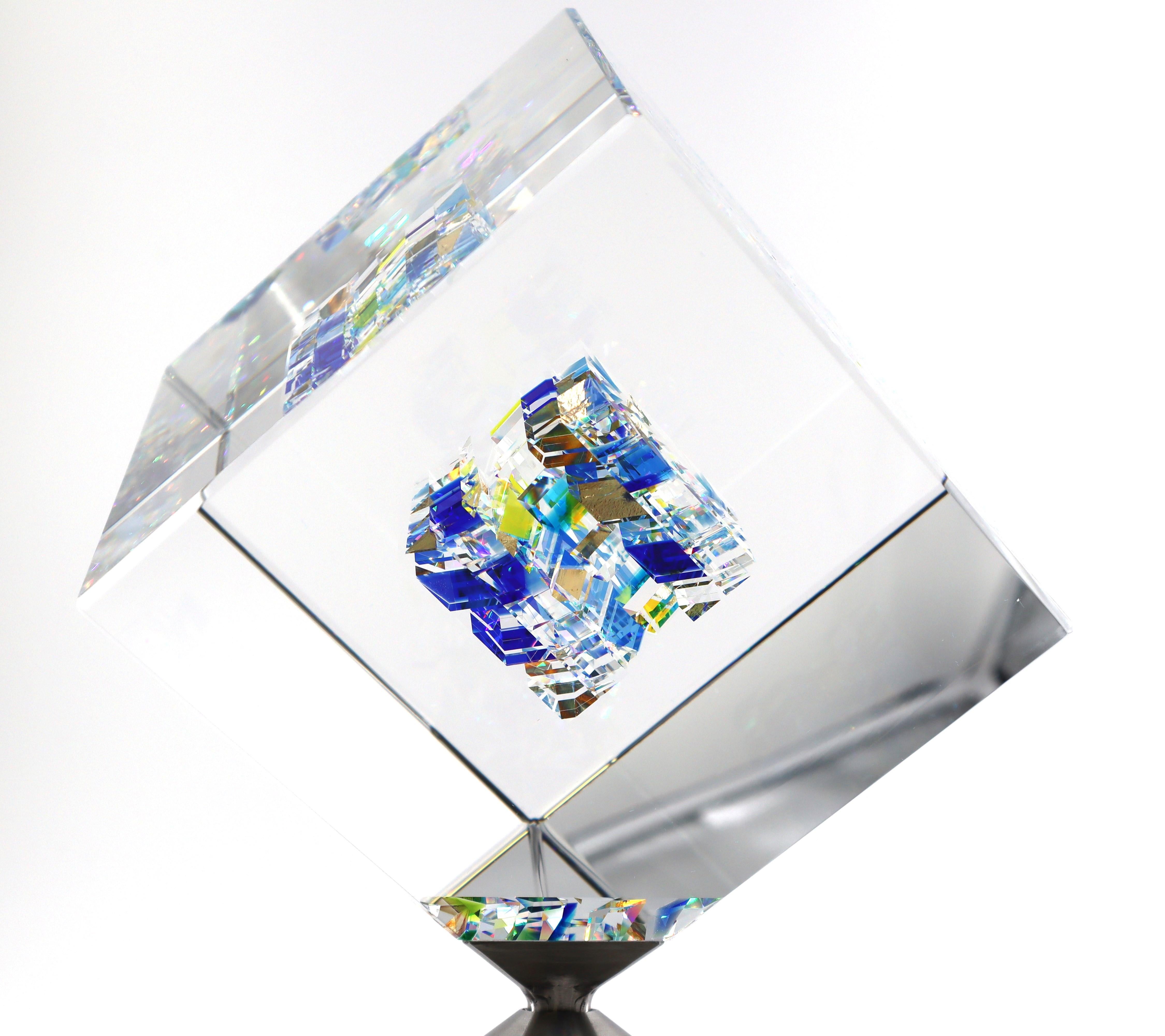 Jon Kuhn ''Winter Moon - 2024' 6 Layers Glass Art Cube Sculpture 2