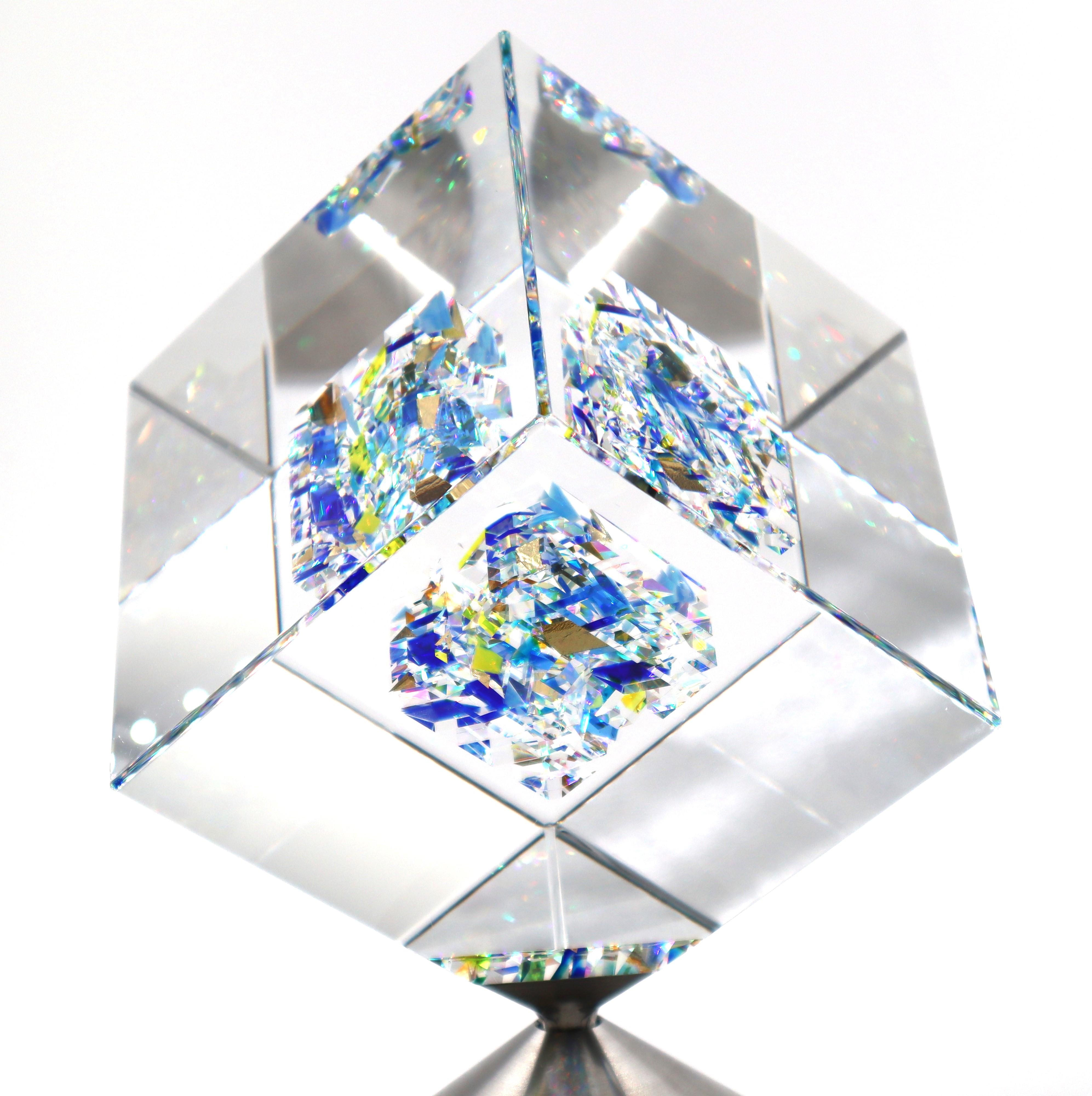 Jon Kuhn ''Winter Moon - 2024' 6 Layers Glass Art Cube Sculpture 3