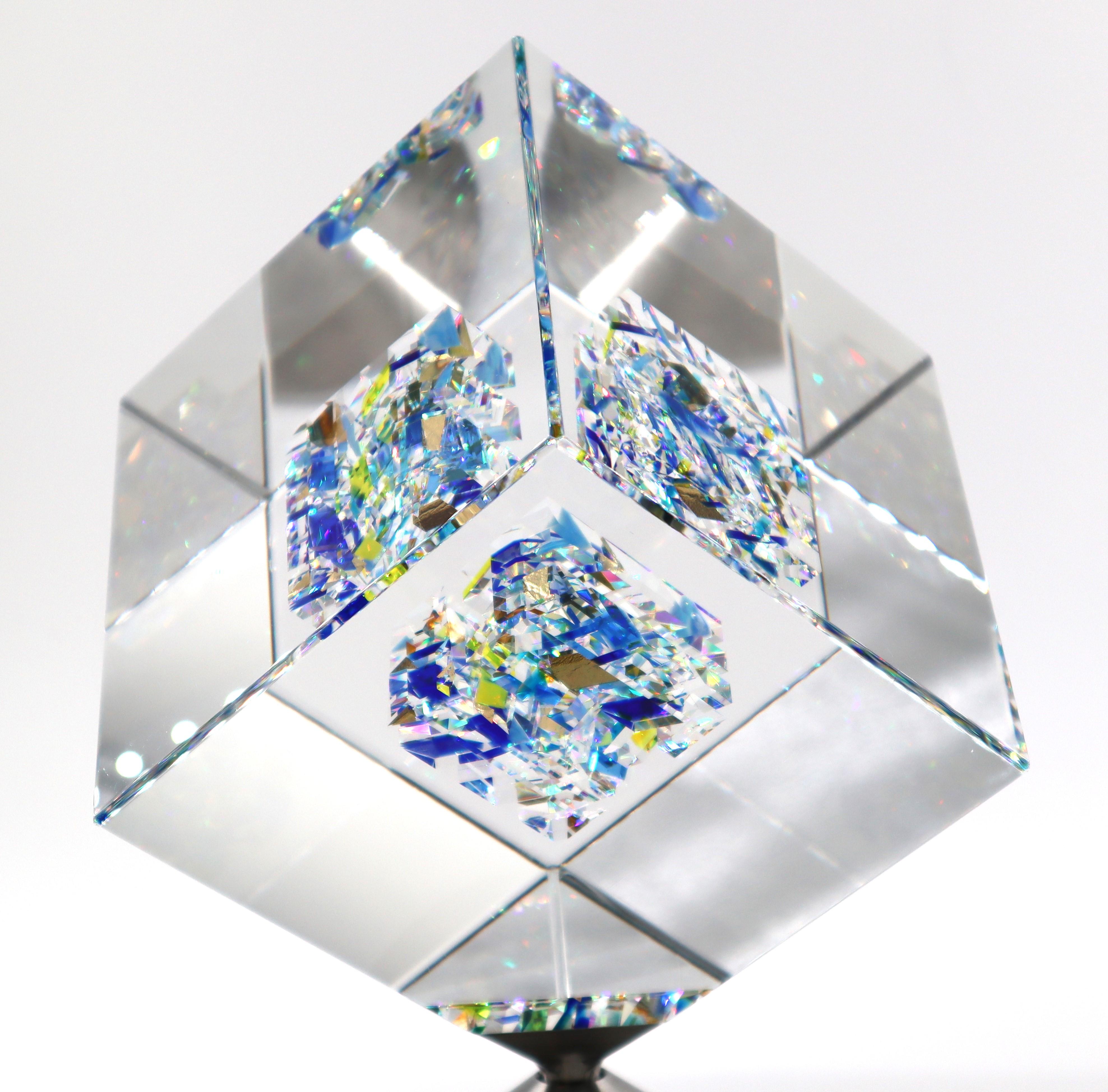 Jon Kuhn ''Winter Moon - 2024' 6 Layers Glass Art Cube Sculpture 4
