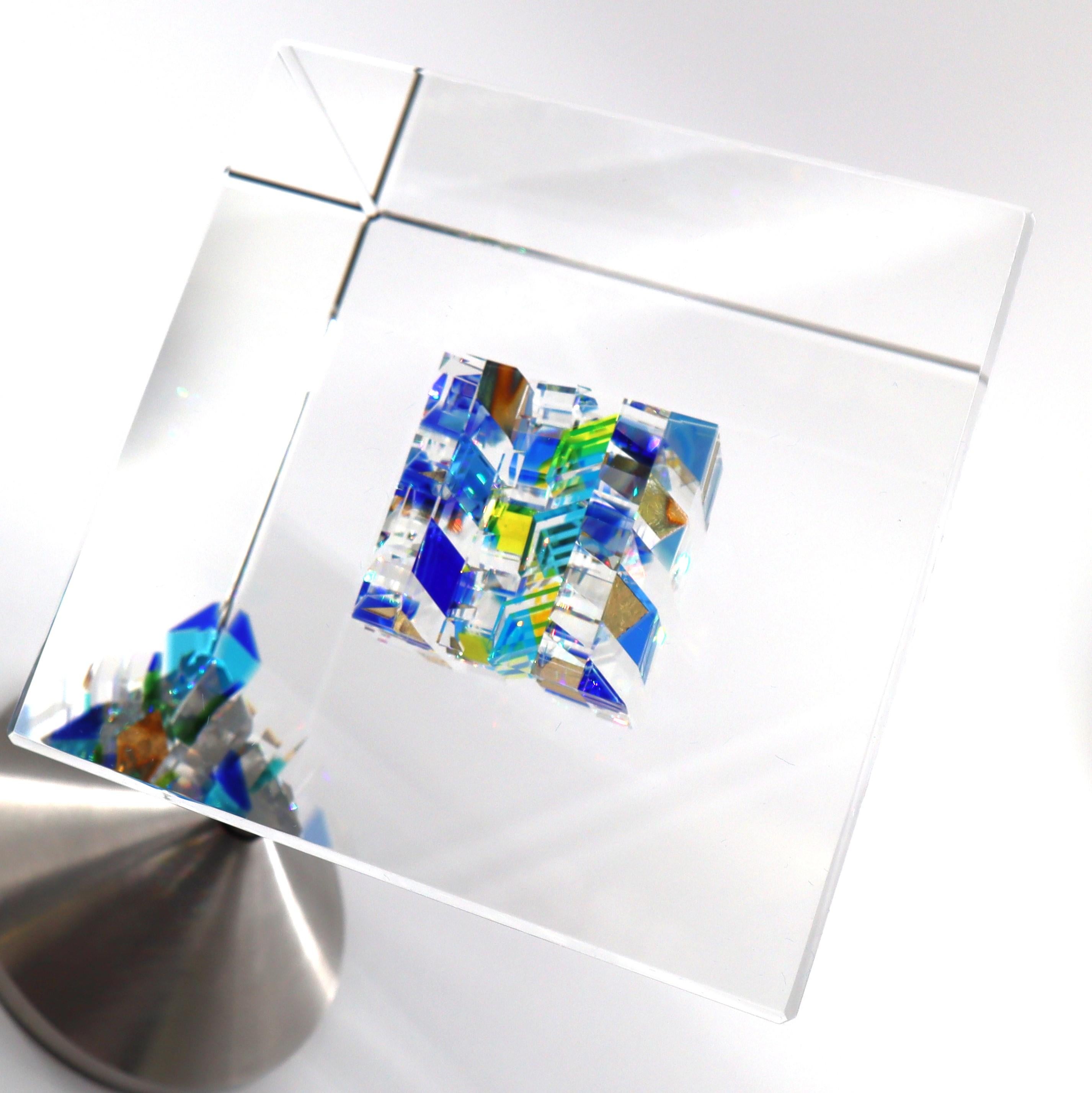 Jon Kuhn ''Winter Moon - 2024' 6 Layers Glass Art Cube Sculpture 7