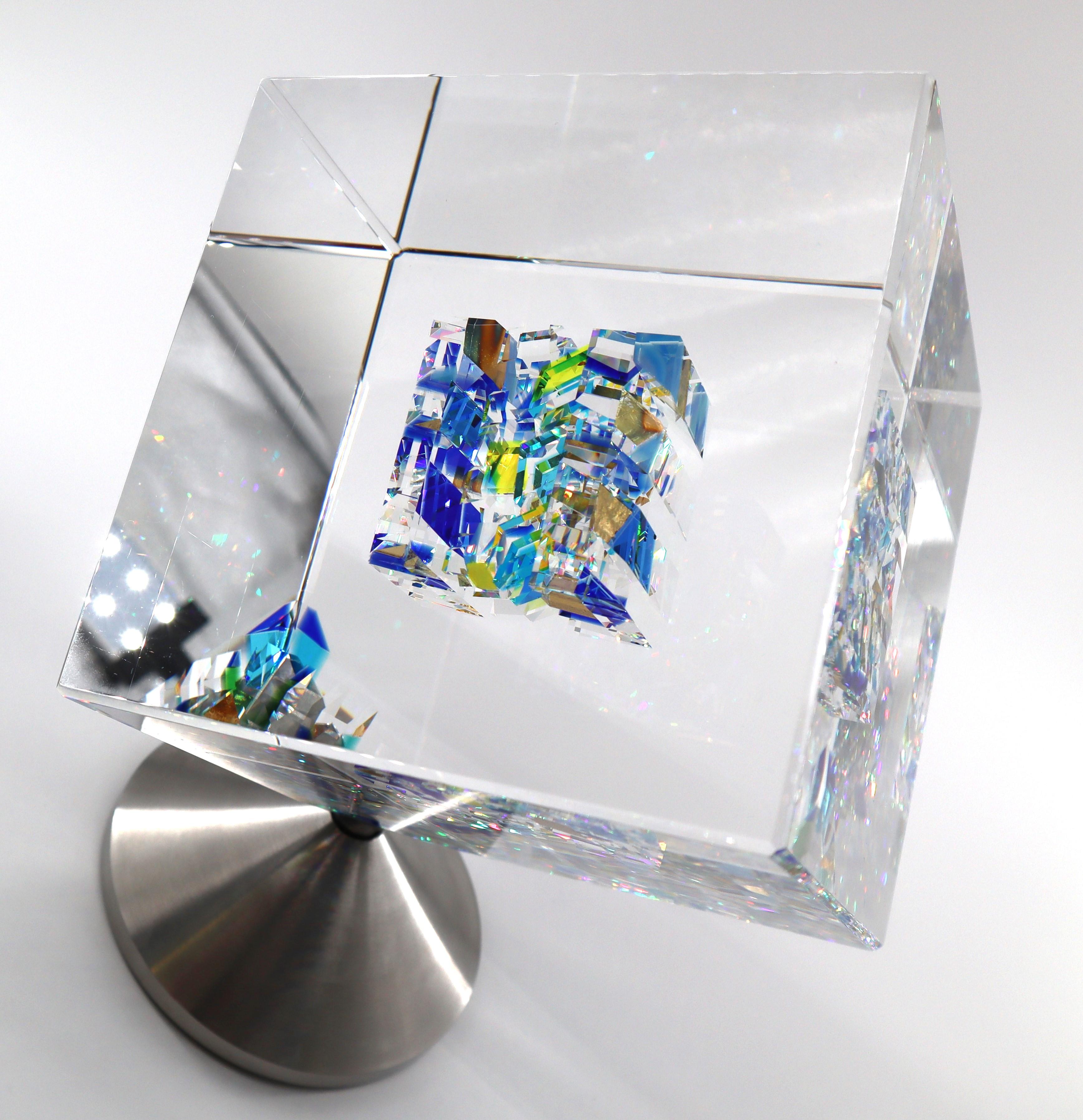 Jon Kuhn ''Winter Moon - 2024' 6 Layers Glass Art Cube Sculpture 8