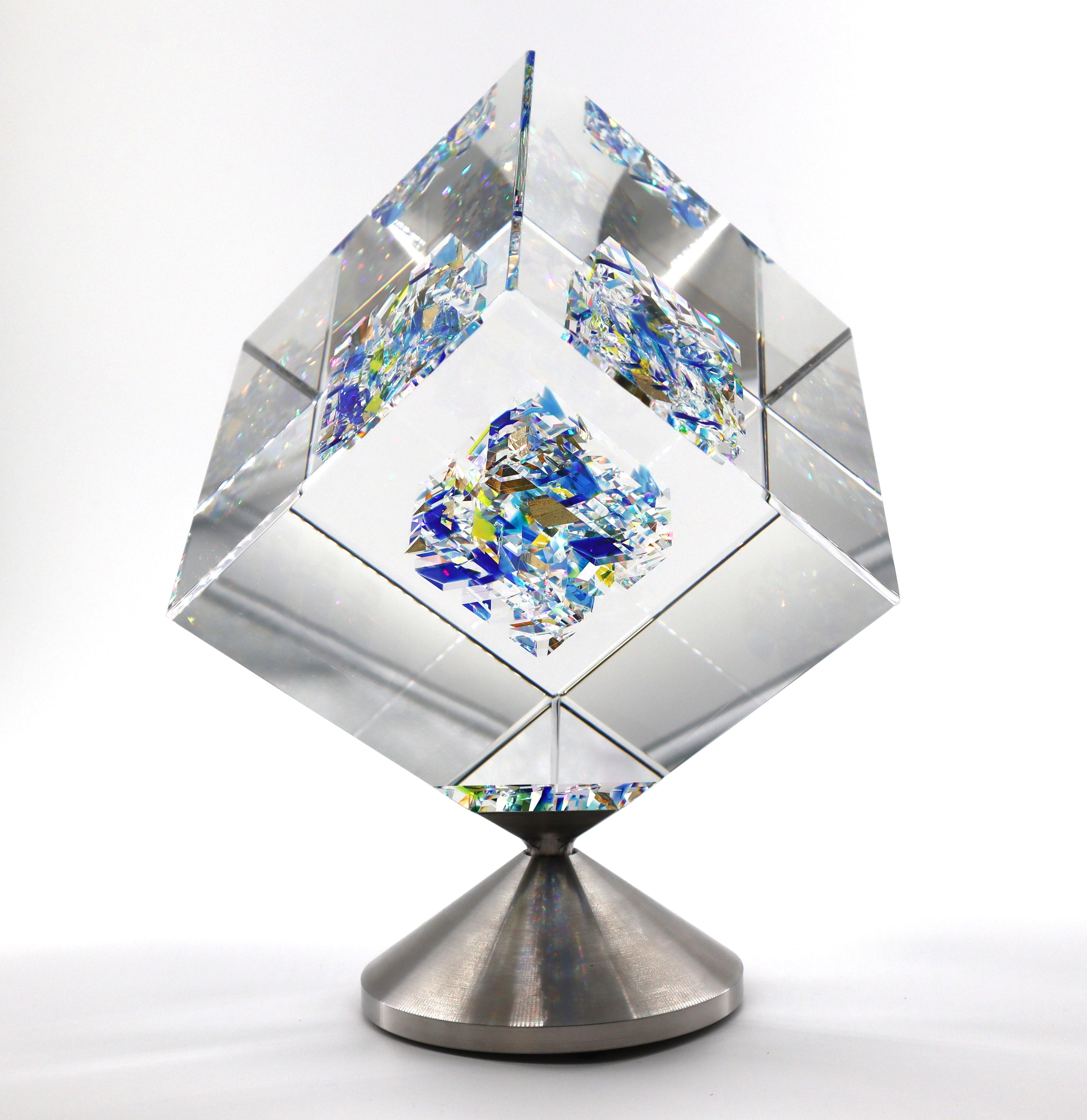 Jon Kuhn ''Winter Moon - 2024' 6 Schichten Glaskunst Würfel-Skulptur