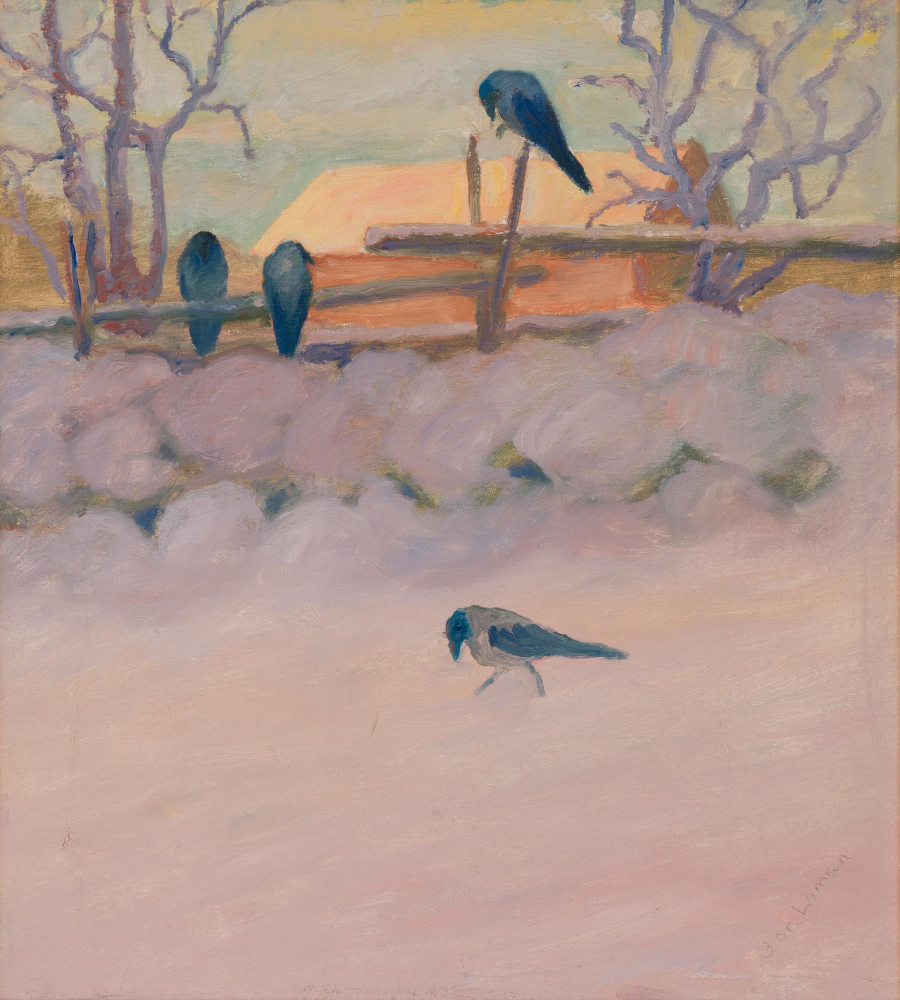 Quattro corvi incappucciati in un paesaggio invernale, 1910-1915 ca. - Painting Impressionismo di Jon Loman