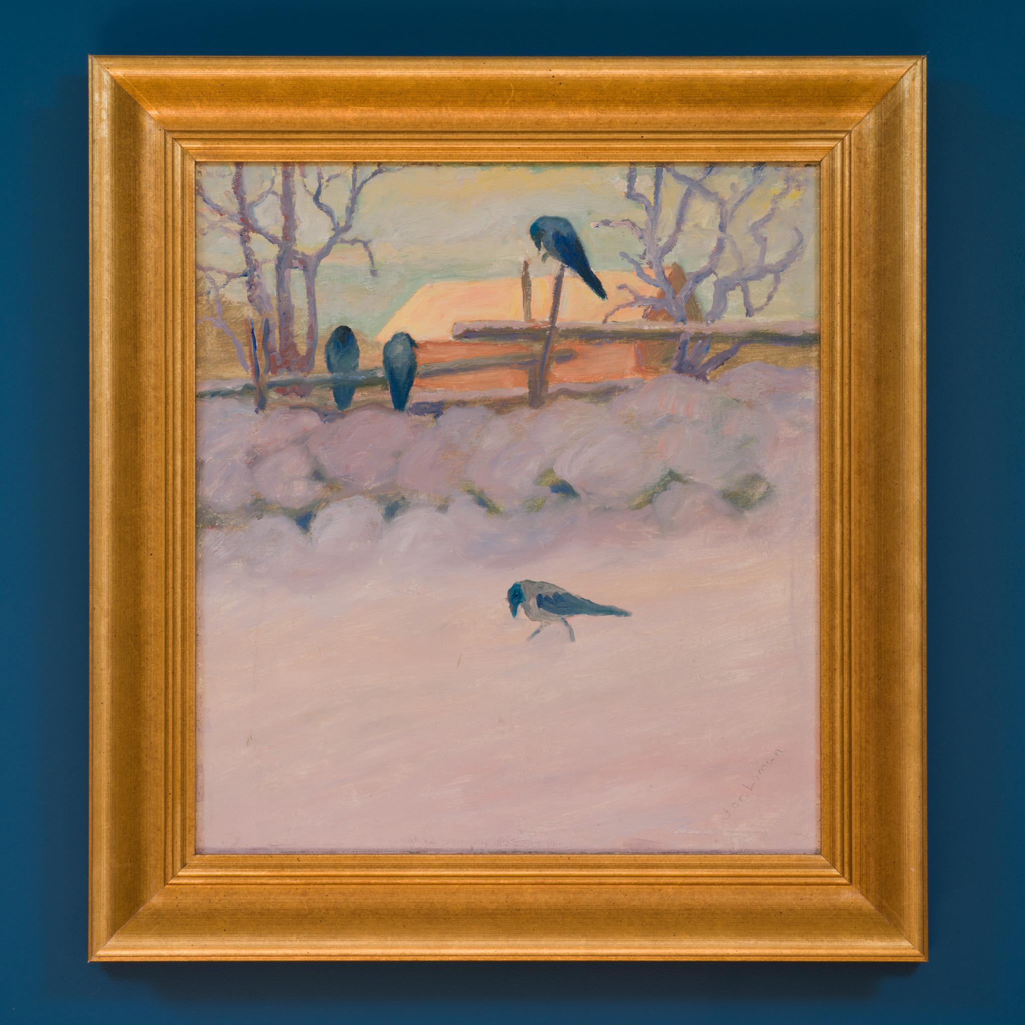 Quattro corvi incappucciati in un paesaggio invernale, 1910-1915 ca. - Animal Painting Marrone di Jon Loman