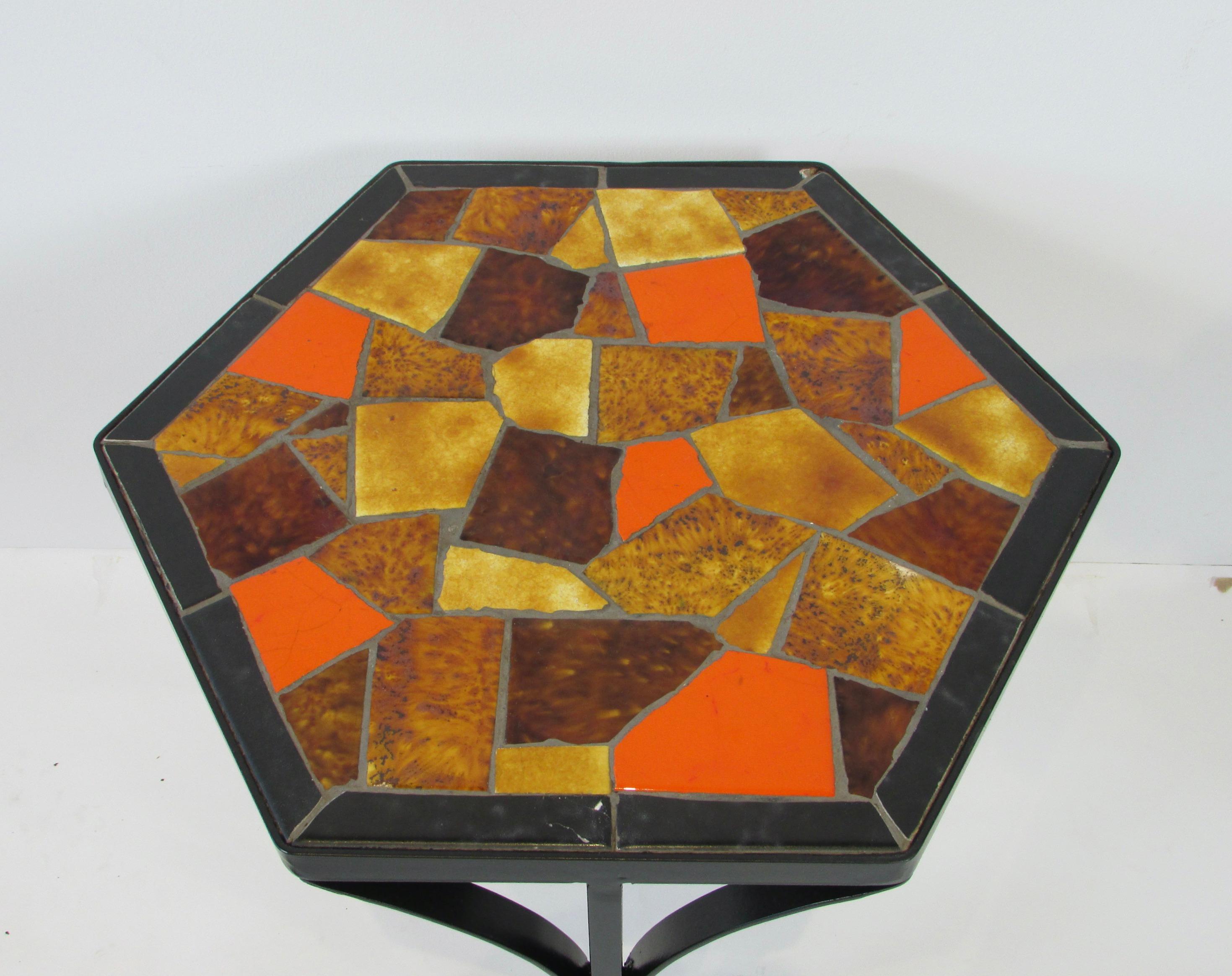 Ceramic Jon Matin graduated Nest of Hexagonal Tile top Tables on Iron Base   For Sale