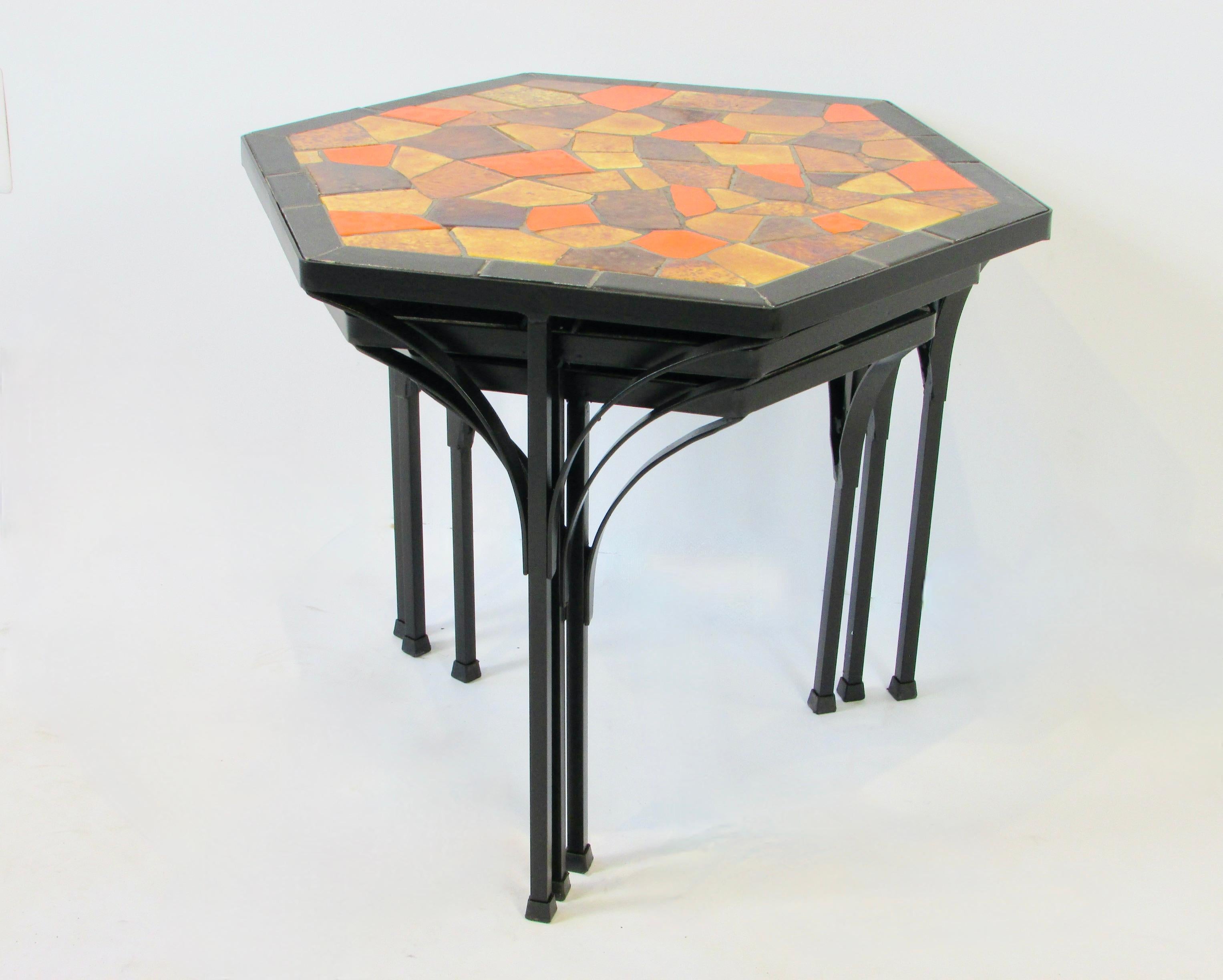 Jon Matin graduated Nest of Hexagonal Tile top Tables on Iron Base   For Sale 5