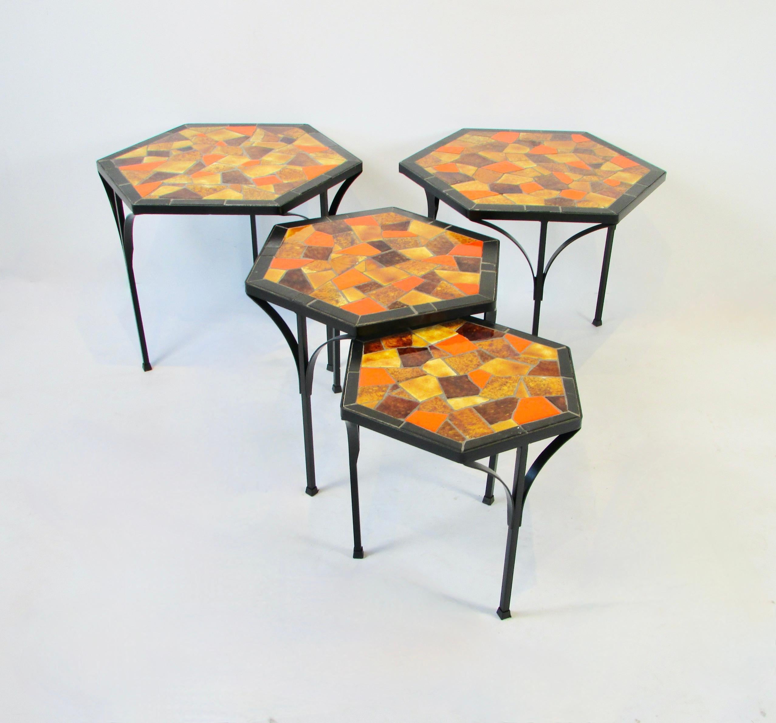 American Jon Matin graduated Nest of Hexagonal Tile top Tables on Iron Base   For Sale
