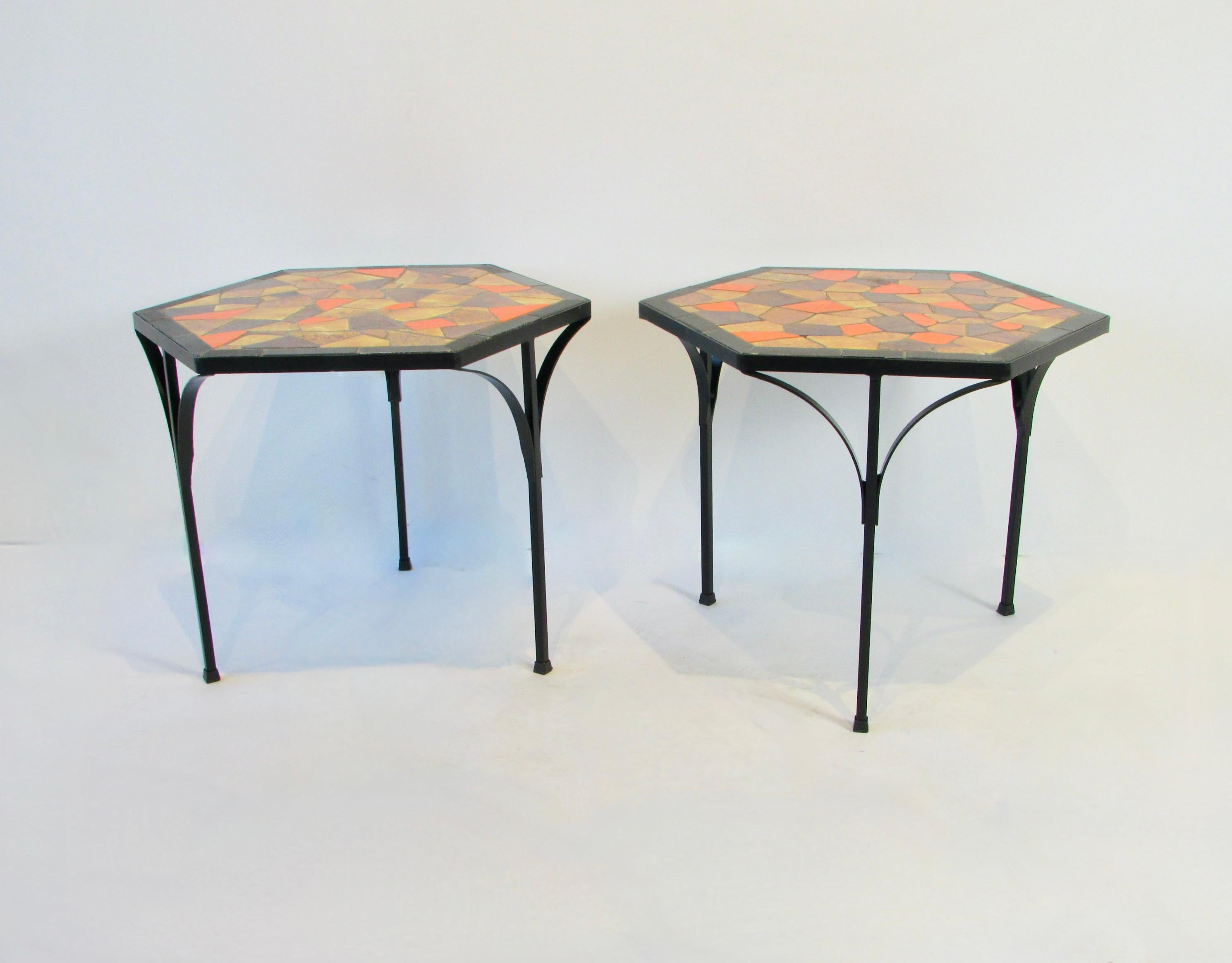 Hand-Crafted Jon Matin graduated Nest of Hexagonal Tile top Tables on Iron Base   For Sale