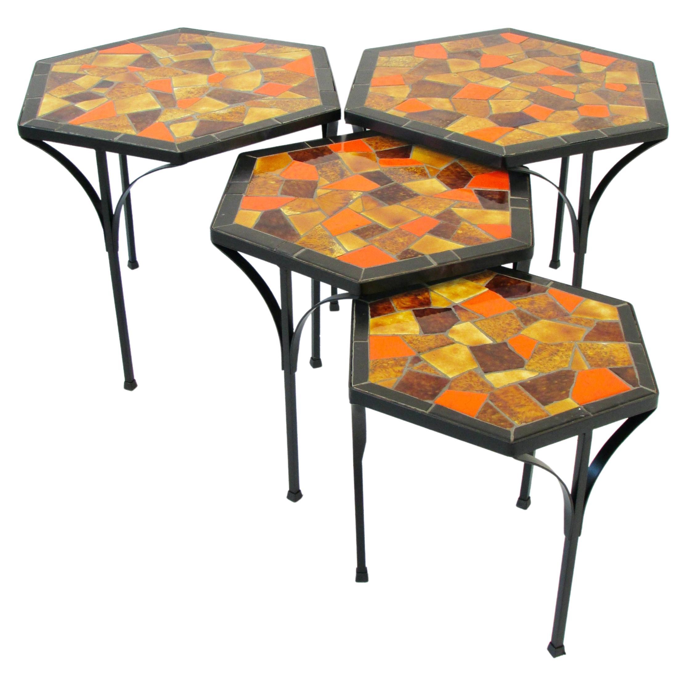 Jon Matin graduated Nest of Hexagonal Tile top Tables on Iron Base   For Sale