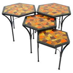 Vintage Jon Matin Stack Nest of Hexagon Top Iron Base Tile Shard Tables