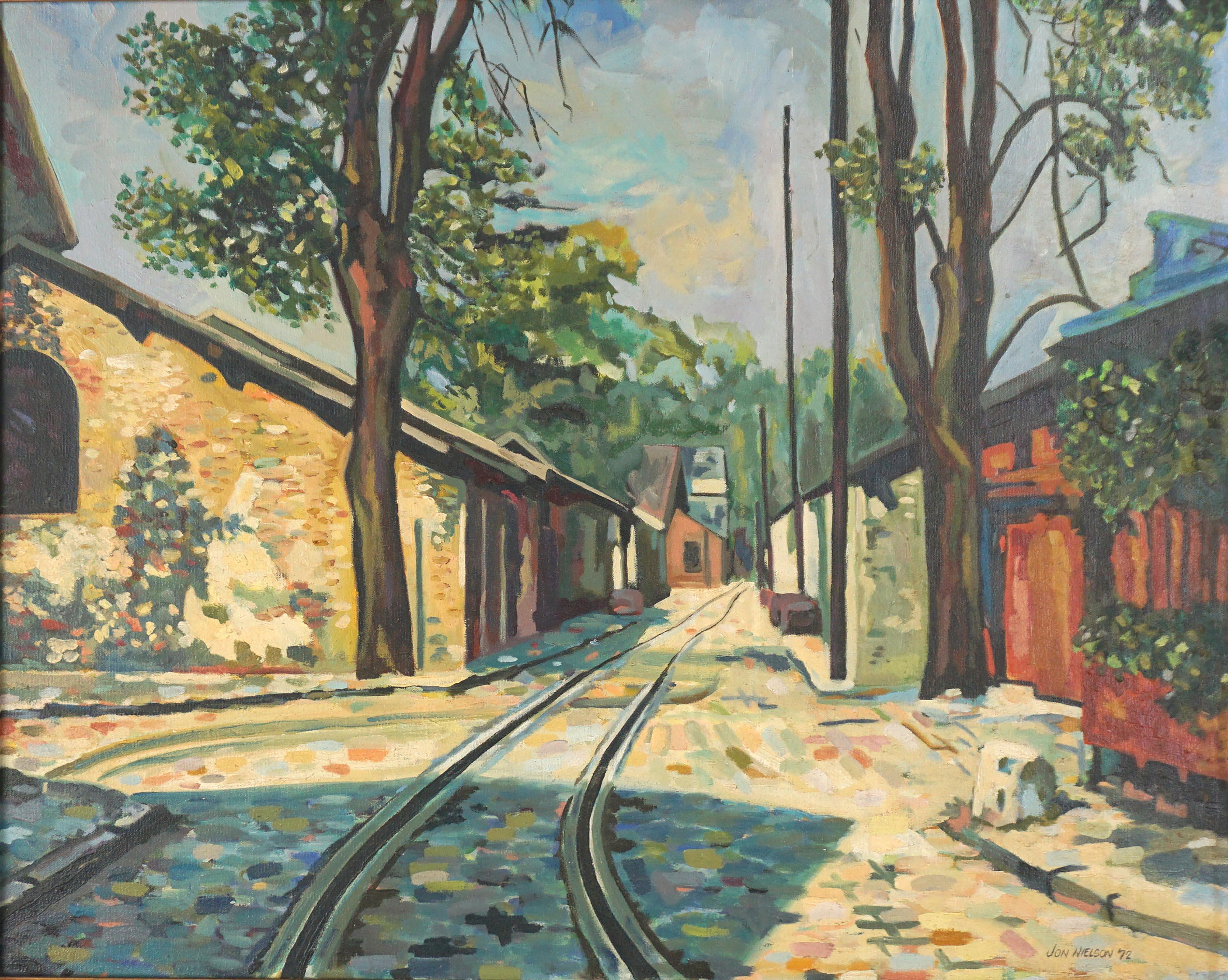 Vintage Small Town Street with Railroad Tracks Landscape - Painting by Jon Nielson