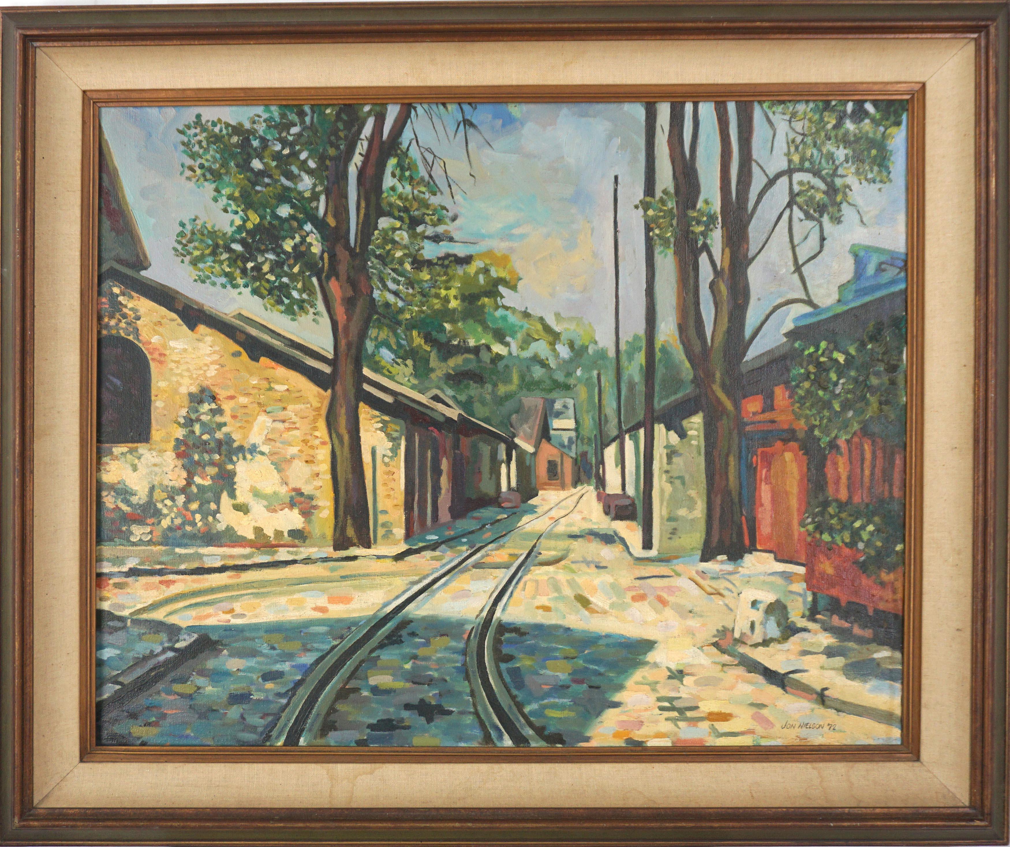 Jon Nielson Landscape Painting - Vintage Small Town Street with Railroad Tracks Landscape