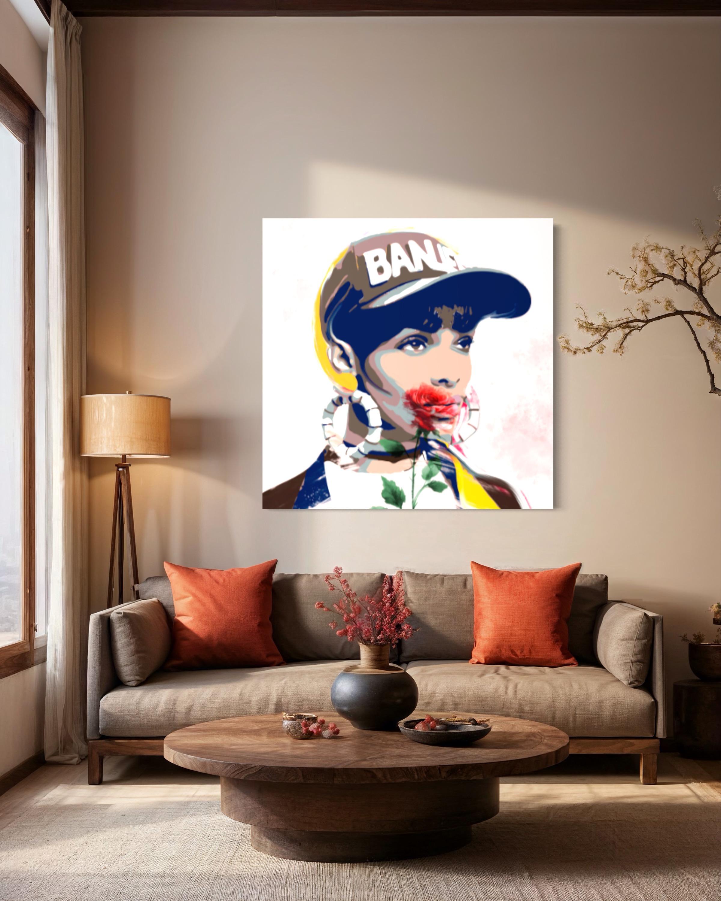 La figure centrale, une femme élégante, est représentée par des coups de pinceau audacieux, ce qui lui confère une qualité graphique moderne. Elle porte une casquette sur laquelle est imprimé 