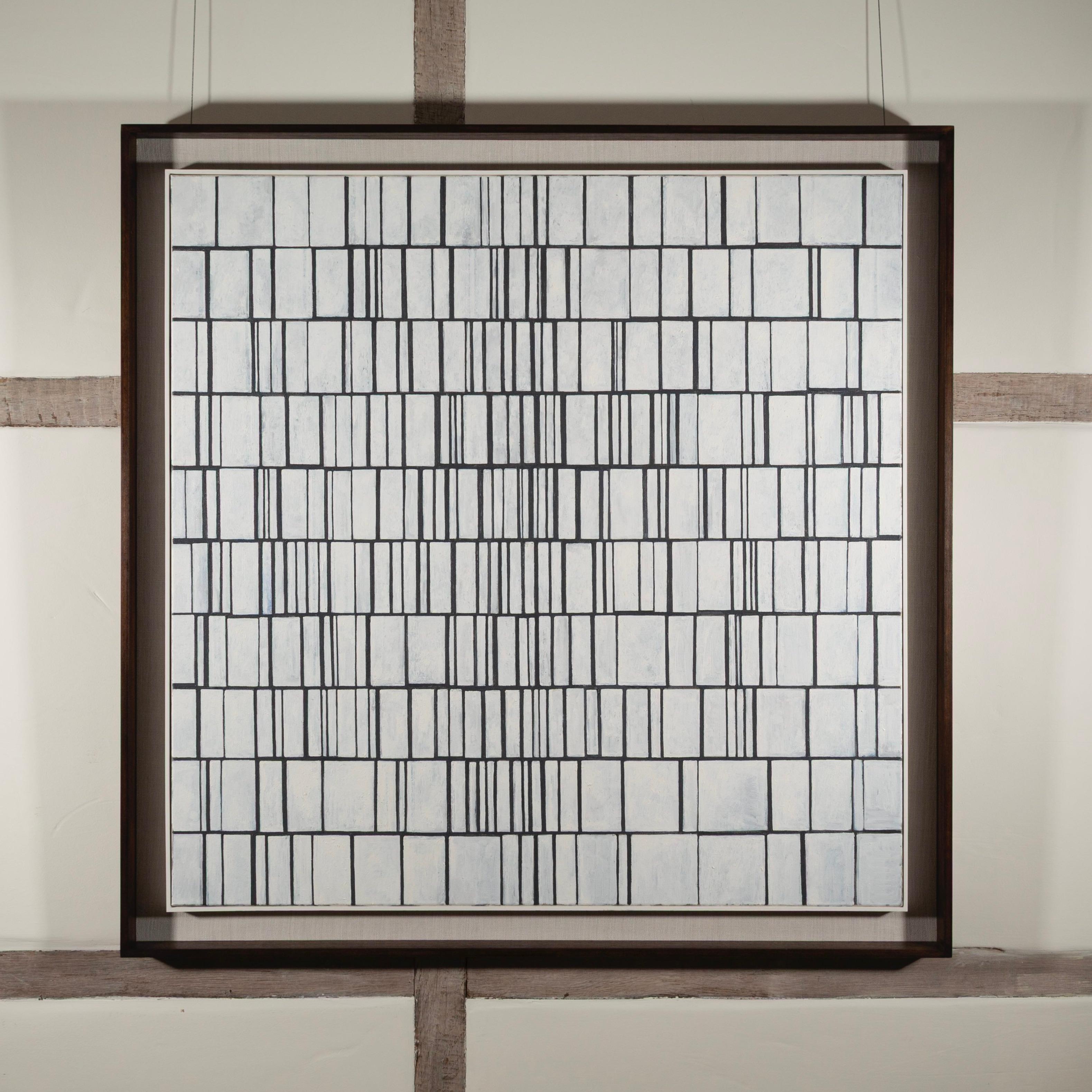 Composizione astratta - Pittura ad olio grafica minimalista con linee in bianco e nero - Painting di Jon Probert