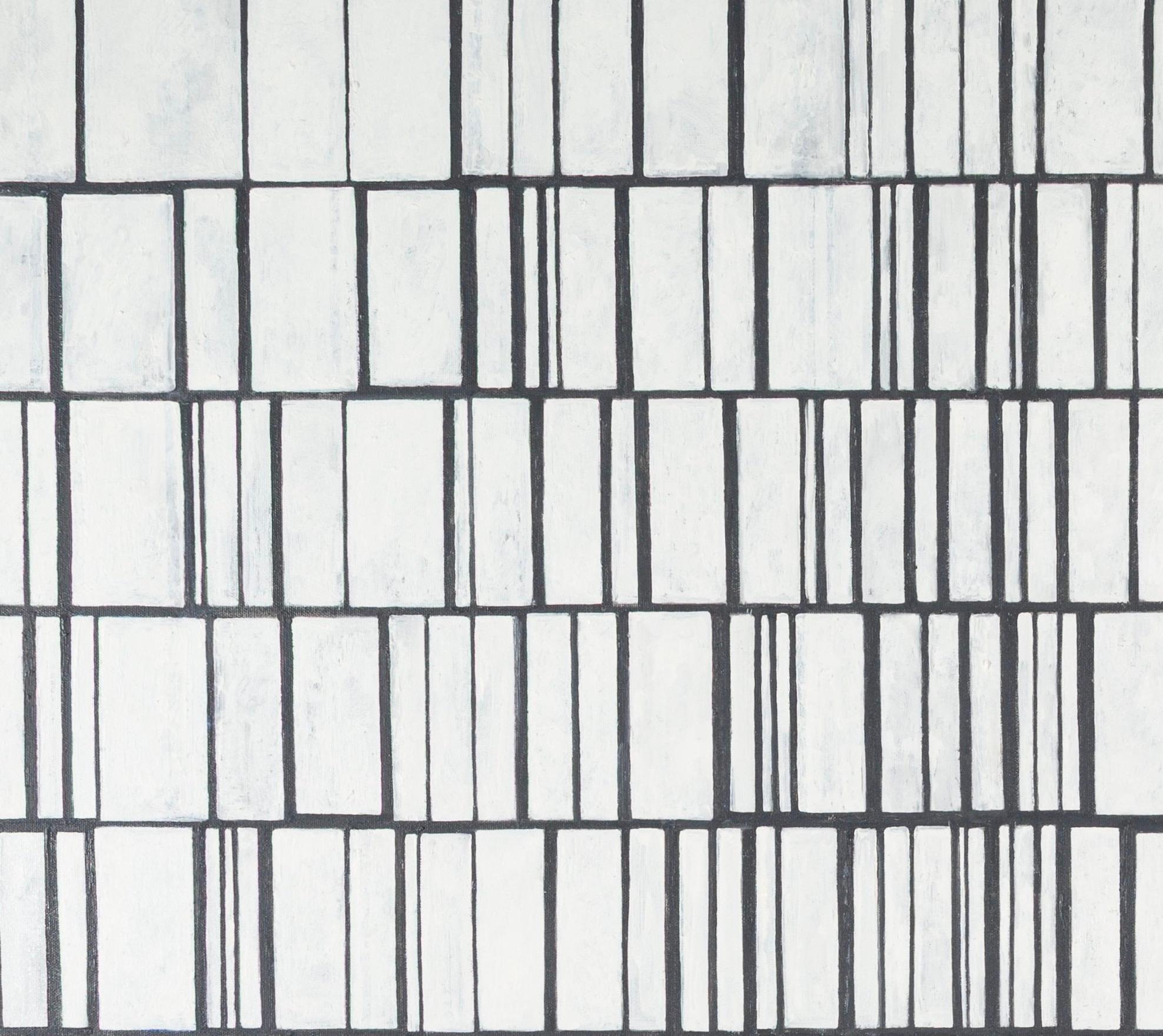 Composizione astratta - Pittura ad olio grafica minimalista con linee in bianco e nero - Abstract Painting Grigio di Jon Probert