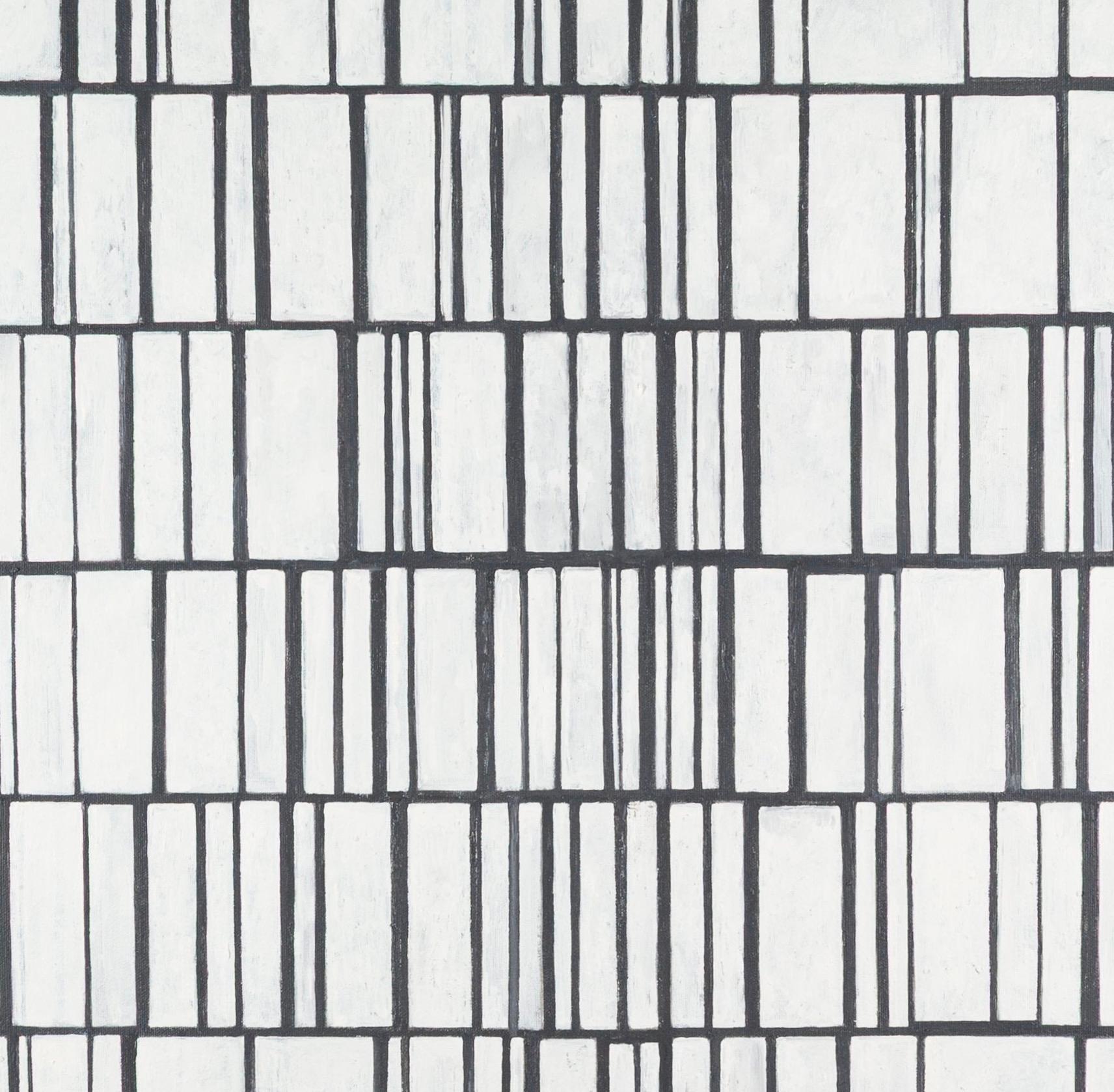 Composizione astratta - Pittura ad olio grafica minimalista con linee in bianco e nero in vendita 1