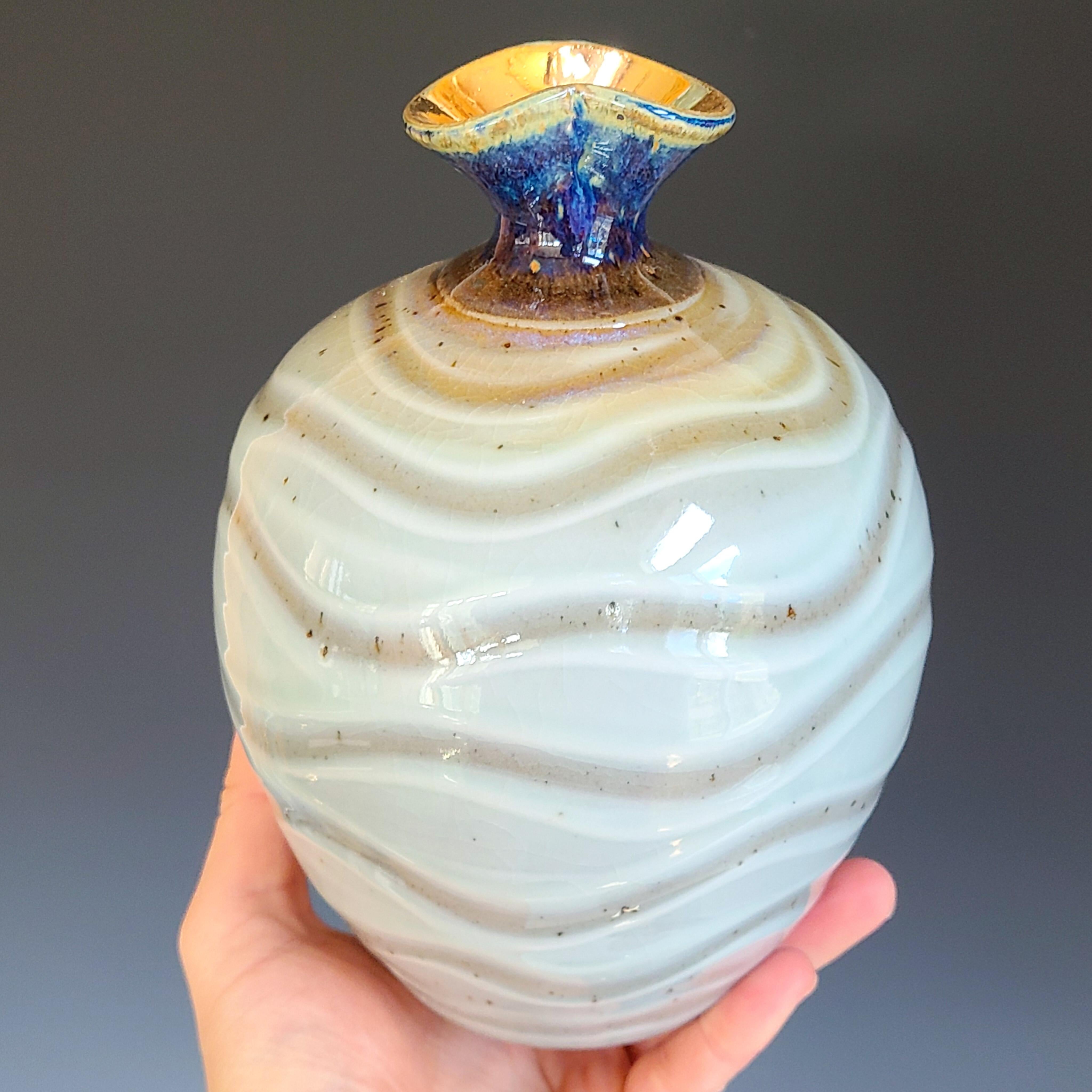 "Ocean Swirl 1" Small Green and Gold Wave Ceramic Sculptural Vase