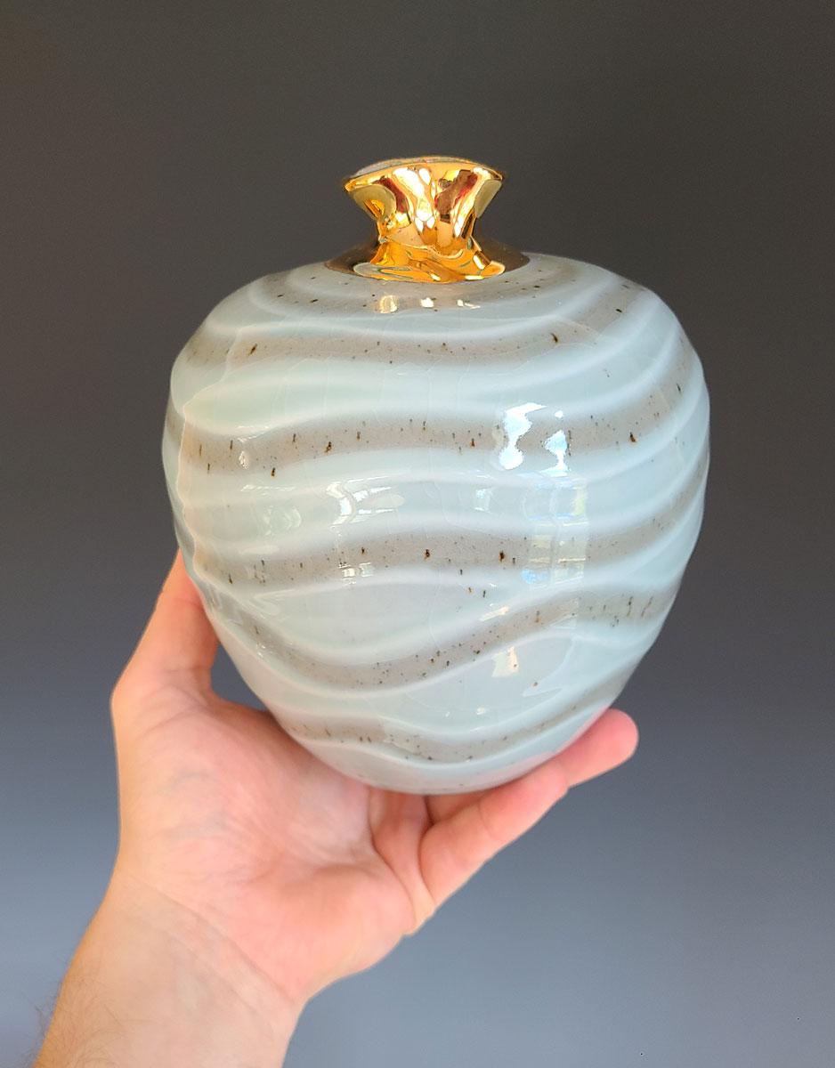 "Ocean Swirl 2" Small Green and Gold Wave Ceramic Sculptural Vase