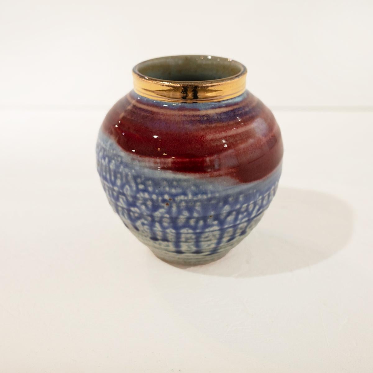 Small Red and Blue Ceramic Sculptural Vase - Sculpture by Jon Puzzuoli