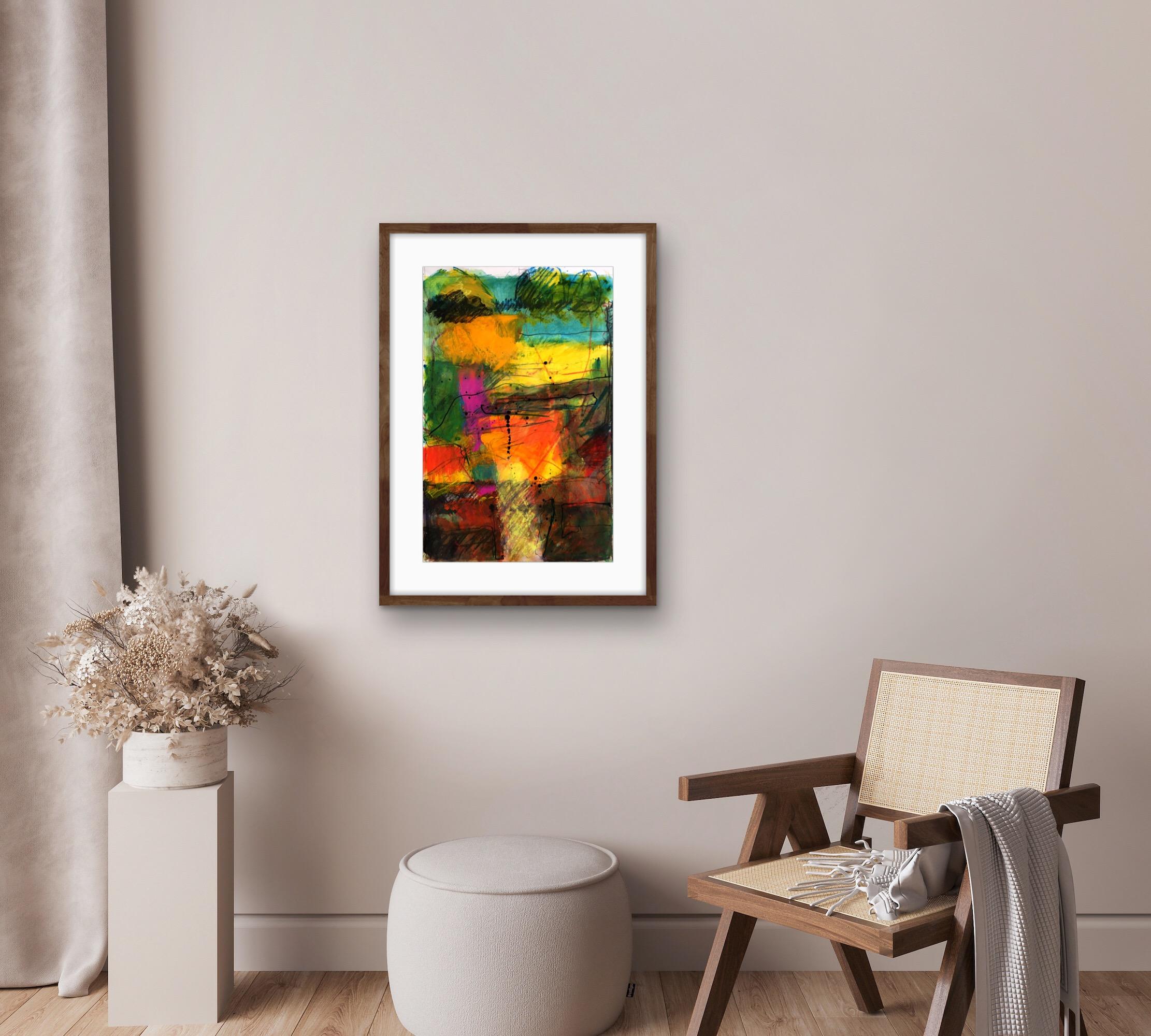 Jon Rowland – Summer Shadows. Contemporary abstract expressionistic landscape.
Original and hand signed by the artist 
Summer ‘en plein air’ in the Oxfordshire countryside. The hot English sun, dappled shadows on the slow moving river, and the