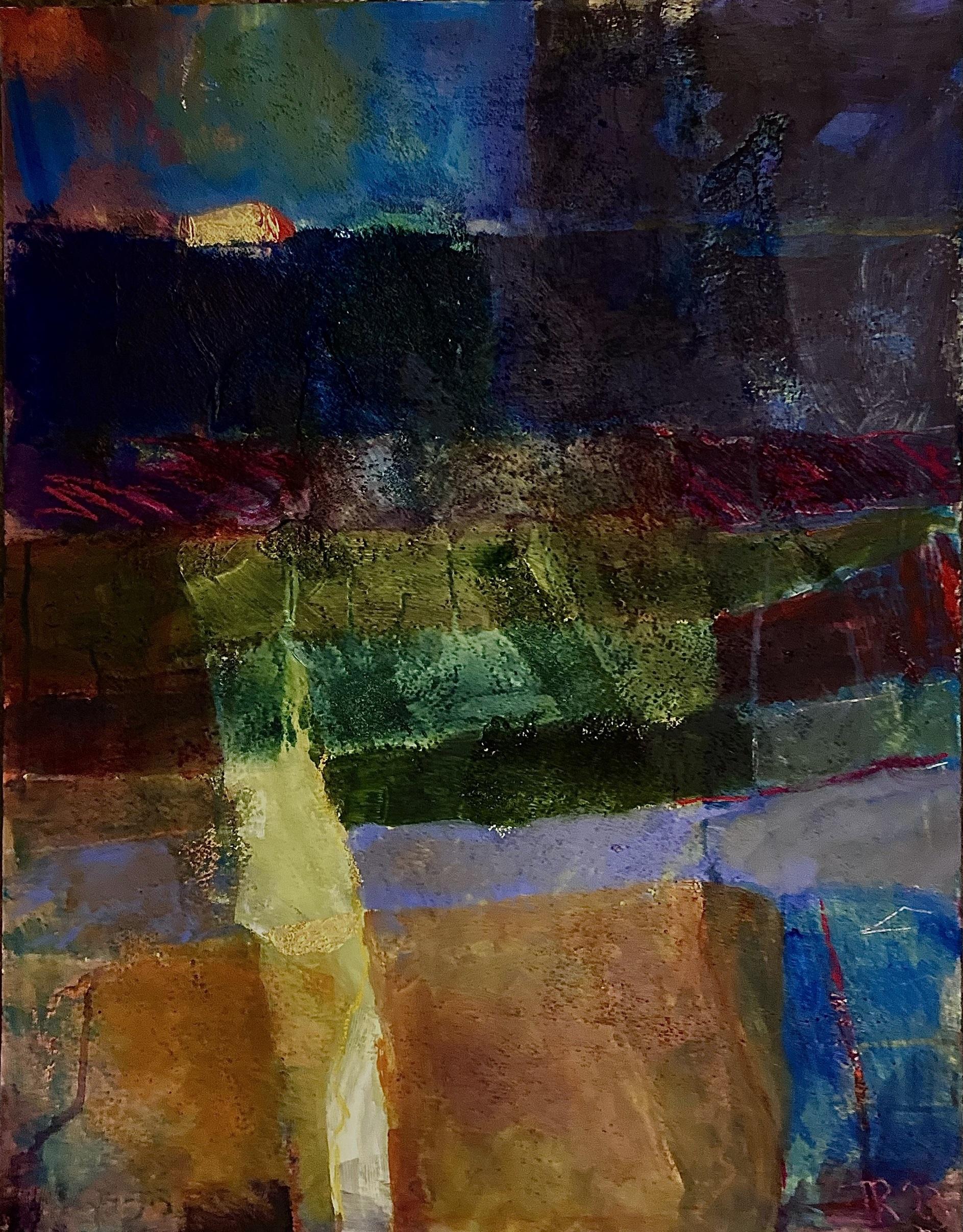 Abstract Painting Jon Rowland - « At the Going Down of the Sun », peinture originale sur carton, art abstrait coloré