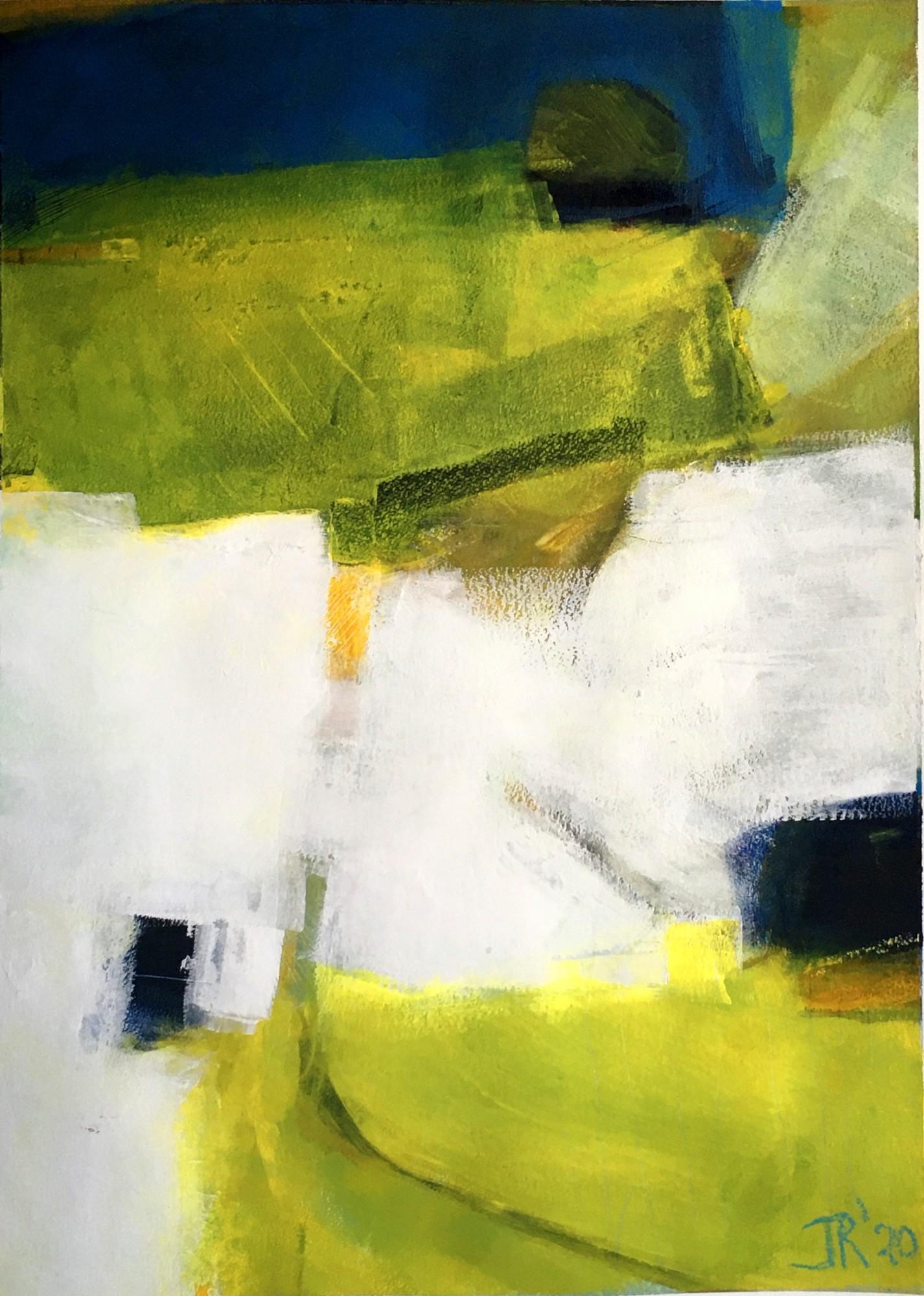 Jon Rowland Abstract Painting – Causeway, Original zeitgenössisches abstraktes Gemälde, grünes und blaues Gemälde