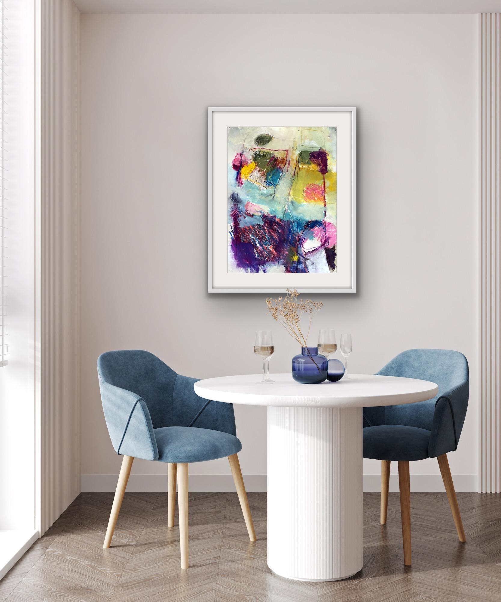 La distanza dona incanto, arte astratta viola, giallo, verde e rosa, contemporanea - Painting di Jon Rowland