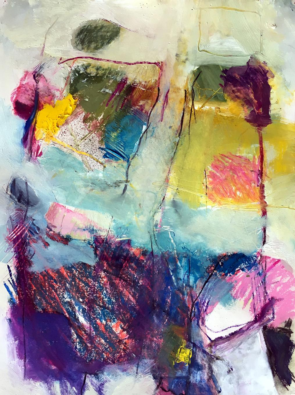 Jon Rowland Abstract Painting - Distance Lends Enchantment, Abstract Purple Yellow Green Pink Art, Contemporary 