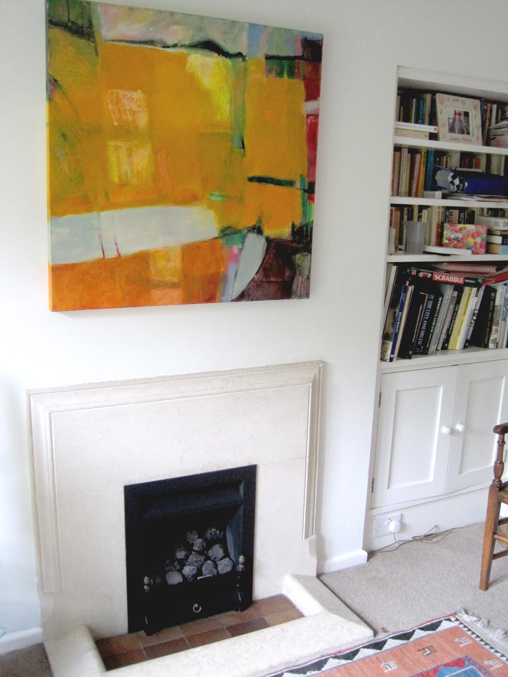 Kerala 5, The Beach, large abstract painting, orange, hints of green and red  - Painting by Jon Rowland