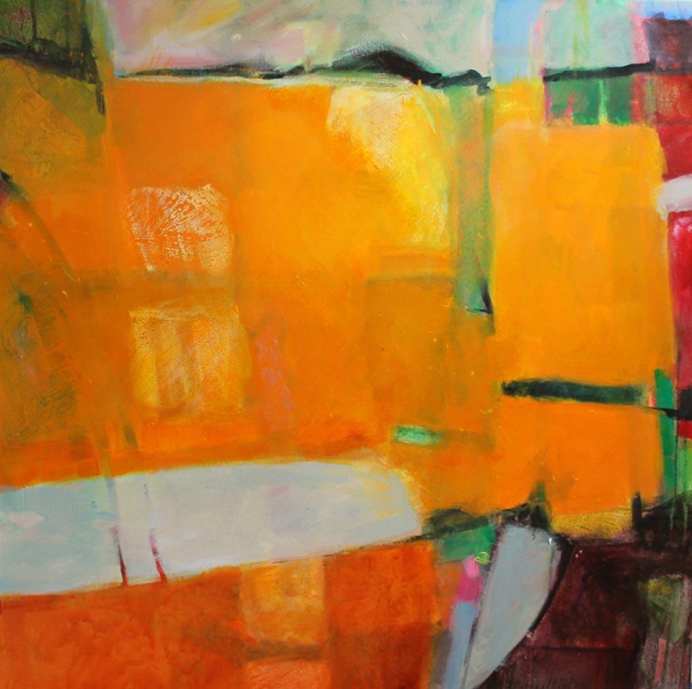 Jon Rowland Landscape Painting - Kerala 5, The Beach, large abstract painting, orange, hints of green and red 