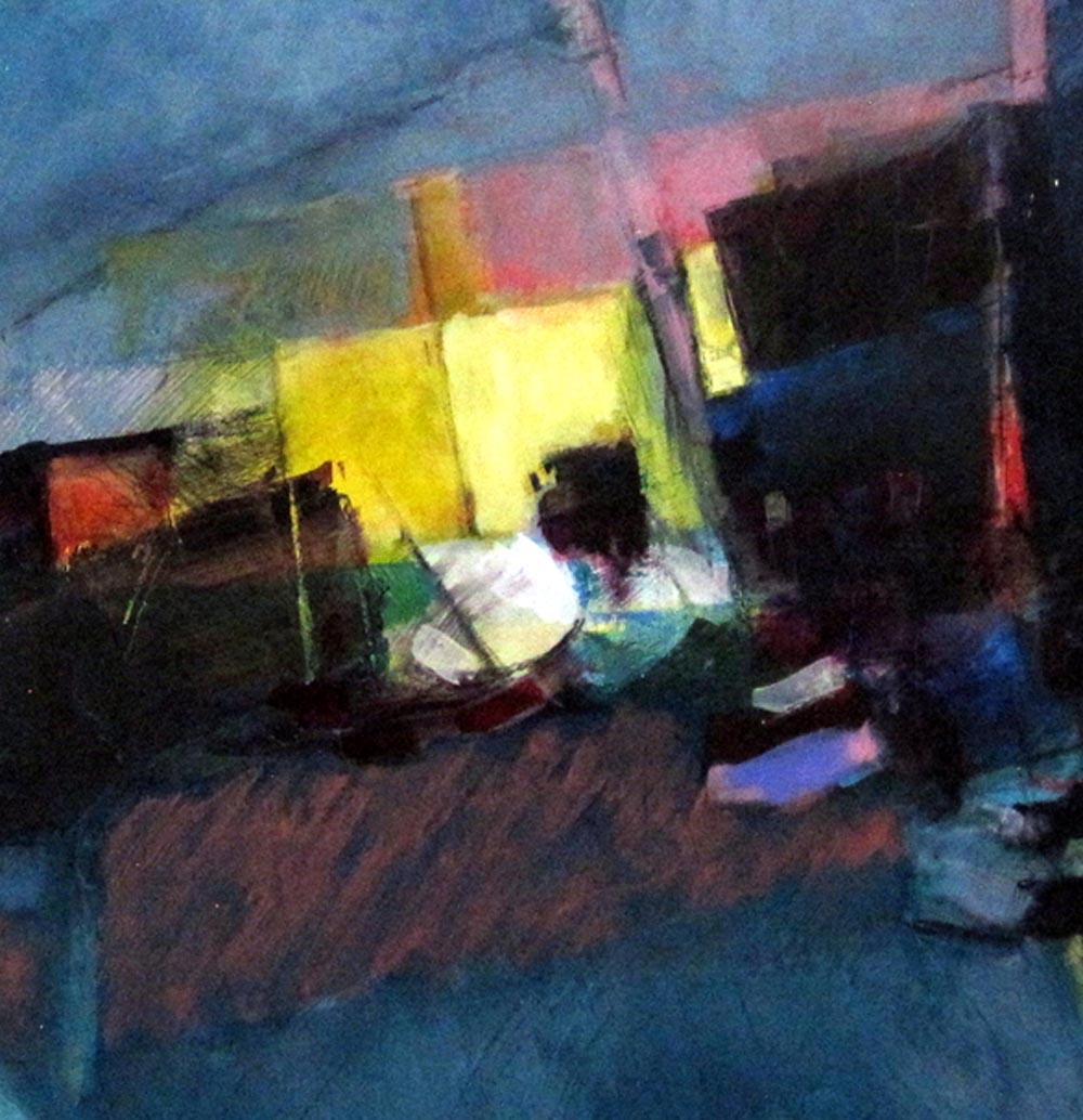 Senza titolo Paxos #4 - grande paesaggio astratto espressionista blu, giallo, rosa - Mixed Media Art Espressionismo astratto di Jon Rowland