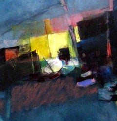 Untitled Paxos #4 - grand paysage expressionniste abstrait bleu, jaune, rose