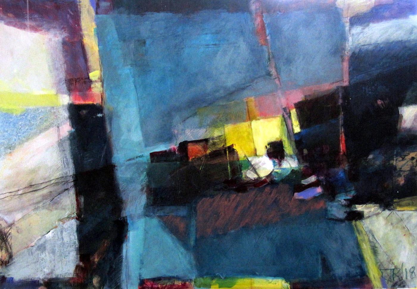 Untitled Paxos #4 - large blue abstract expressionist landscape, yellow, pink 
