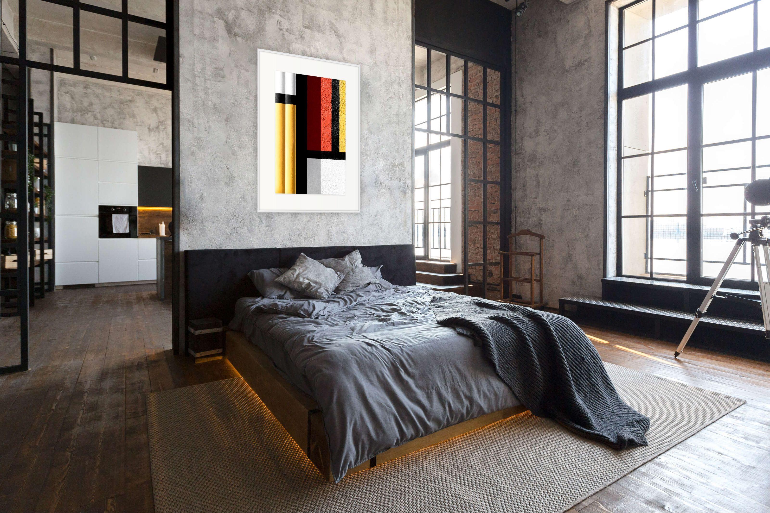 Philly Mondrian 2 - focuses on lines in urban landscape, red, yellow, black - Photorealist Photograph by Jon Setter