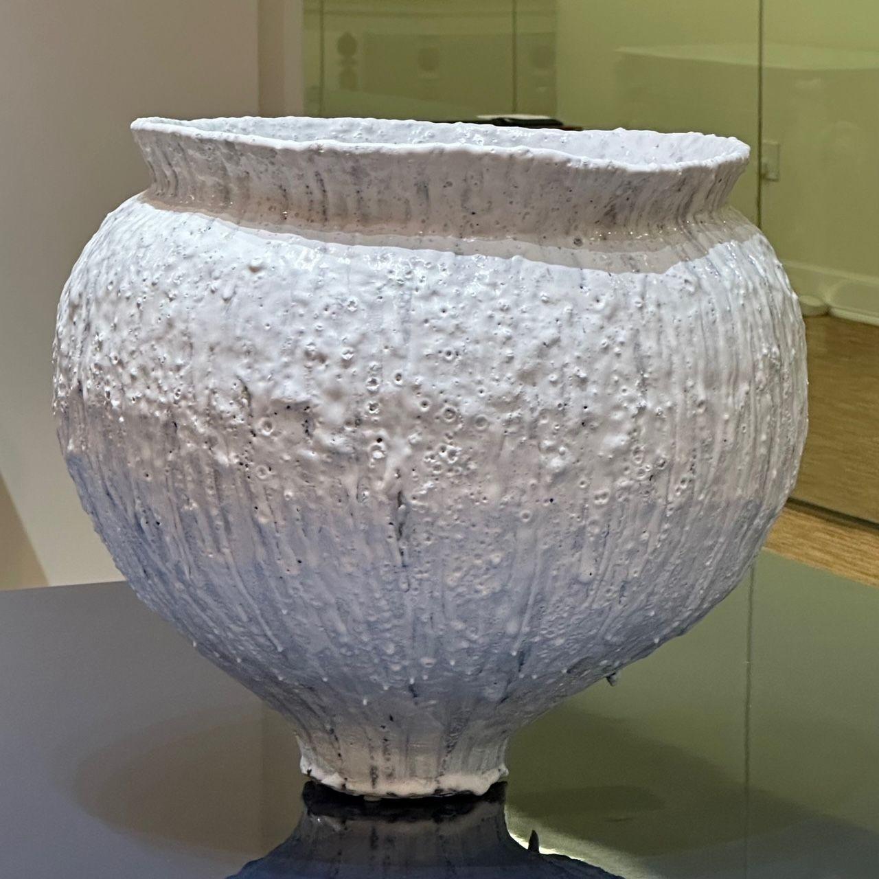 Jon Tierney, Contemporary, Large Moon Jar, Glazed Ceramic, White and Blue

Unique and one of a kind heavily glazed/textured ceramic moon jar designed and produced by Jon Tierney. Tierney operates a full service art studio in East Hampton with access