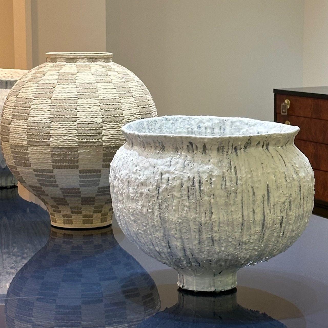 American Jon Tierney, Contemporary, Large Modern Moon Jar, Glazed Ceramic, White and Blue For Sale