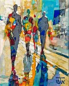 "Fading Into the Golden Light" di Jon Wassom, tecnica mista, paesaggio urbano colorato