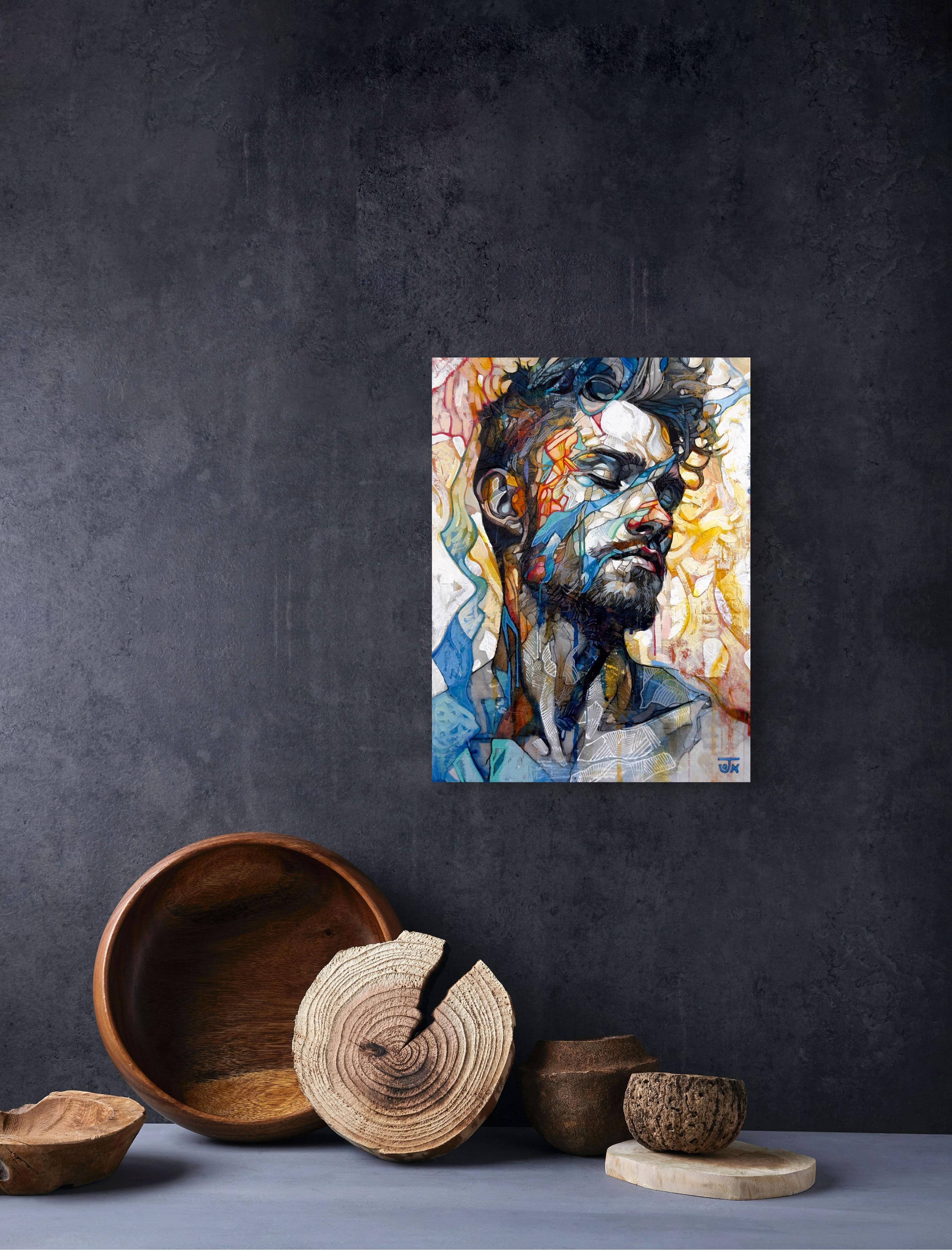 Fabricado en 2024, El Velo del Ahora es un original de técnica mixta sobre panel del artista Jon Wassom, que mide 16 x 12 x 1,50 pulgadas. Este sorprendente retrato figurativo demuestra el hábil uso que Wassom hace de las capas y el color, mostrando
