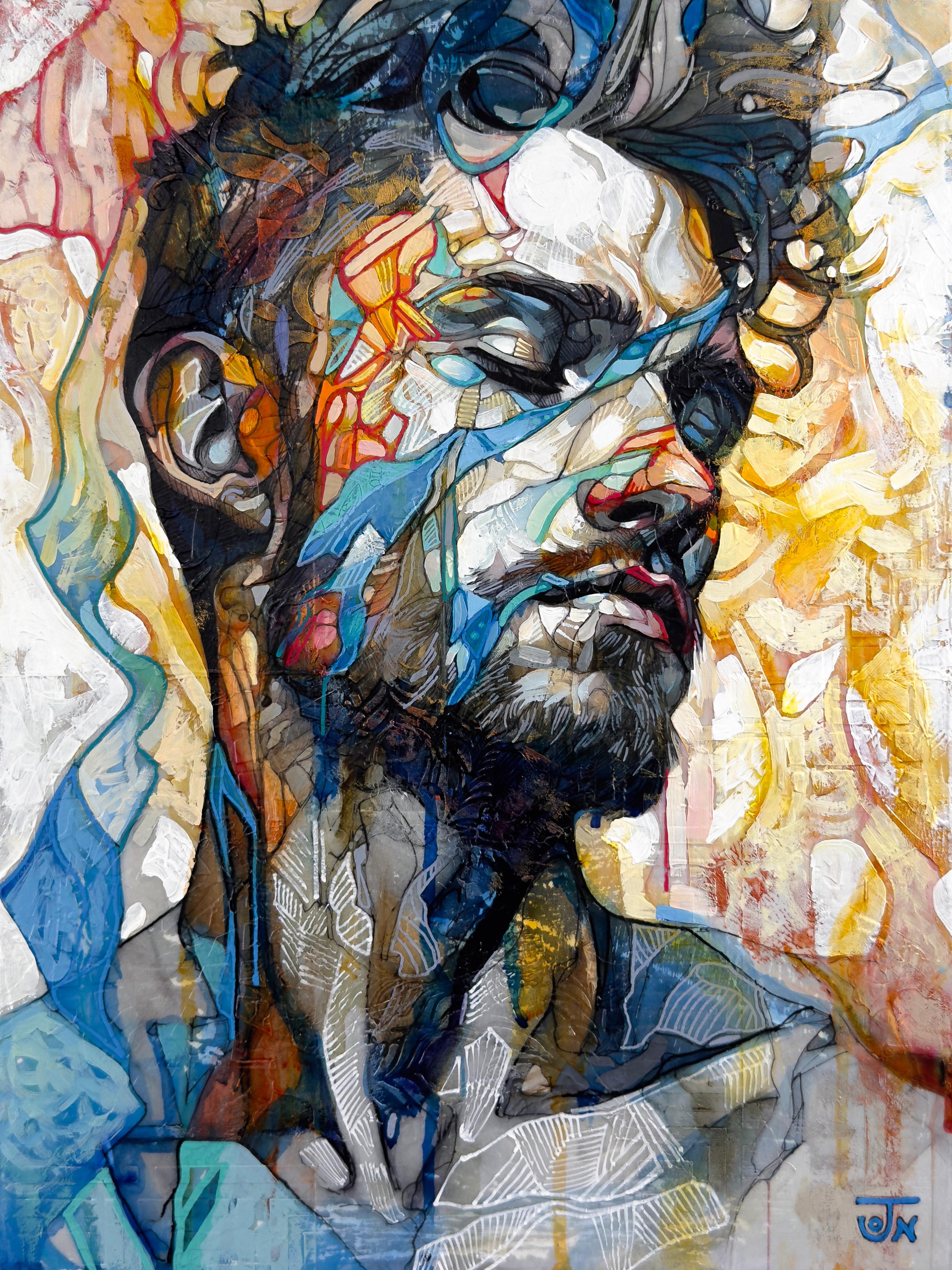 Portrait Painting de Jon Wassom - "El velo del ahora" - Retrato figurativo abstracto en técnica mixta 2024