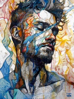 « Le voile du présent » - Portrait figuratif abstrait en techniques mixtes 2024